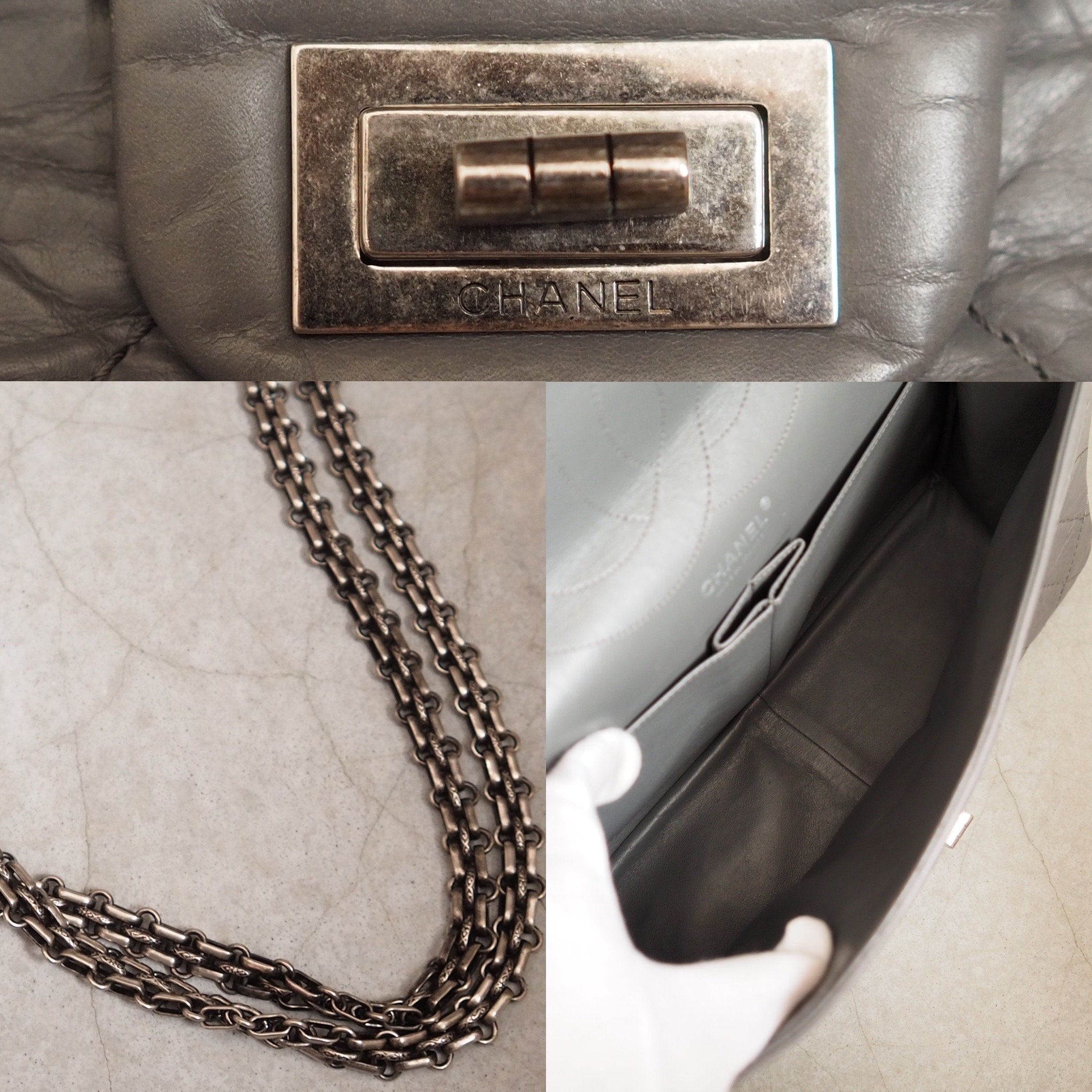 CHANEL 2.55 Frap Chain Shoulder Bag CC Logo Aged calfskin Matelasse Gray Vintage Authentic