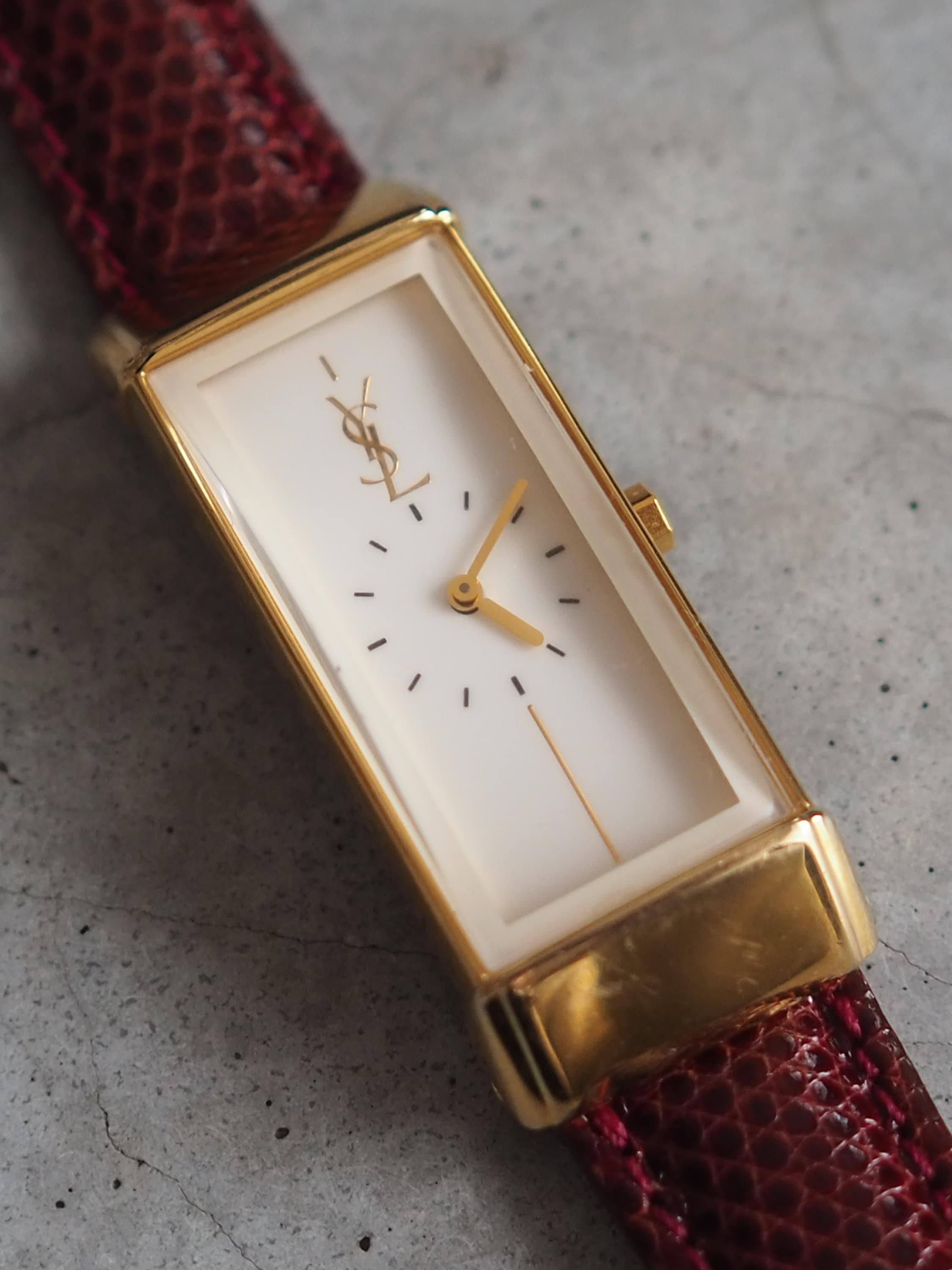 Yves Saint Laurent YSL Square Watch Wristwatch Logo Gold color Stainless steel Leather Authentic