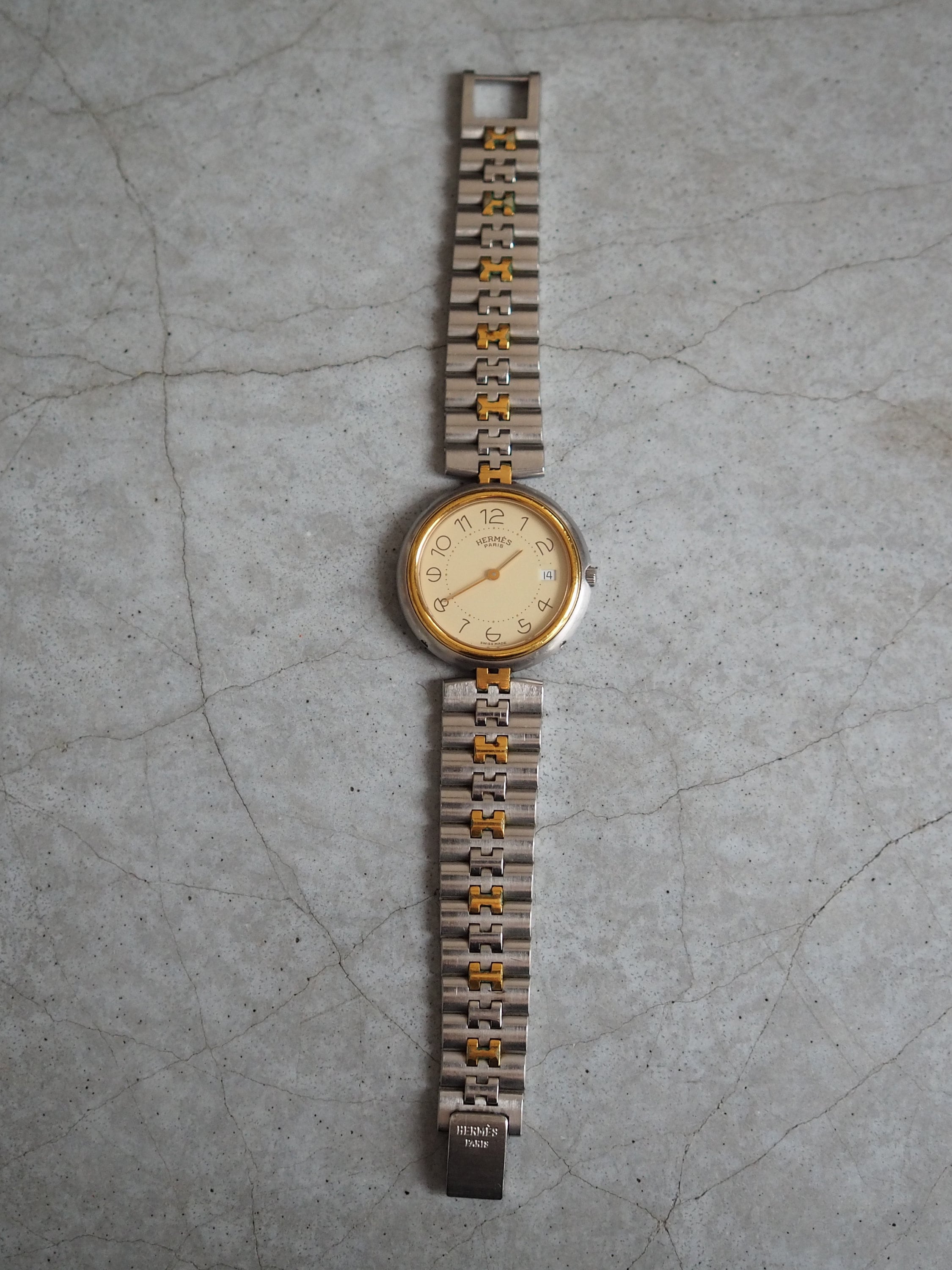 HERMES Profile Combi Date Wristwatch Watche Stainless Steel Unisex Silver Gold Quartz Vintage Authentic