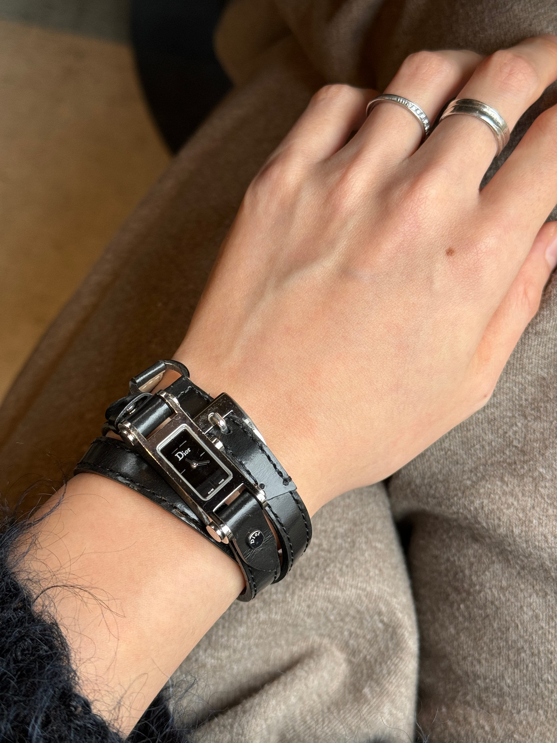 Christian Dior Triple Loop Watch Silver Metal Black Leather Quartz Wristwatch Vintage