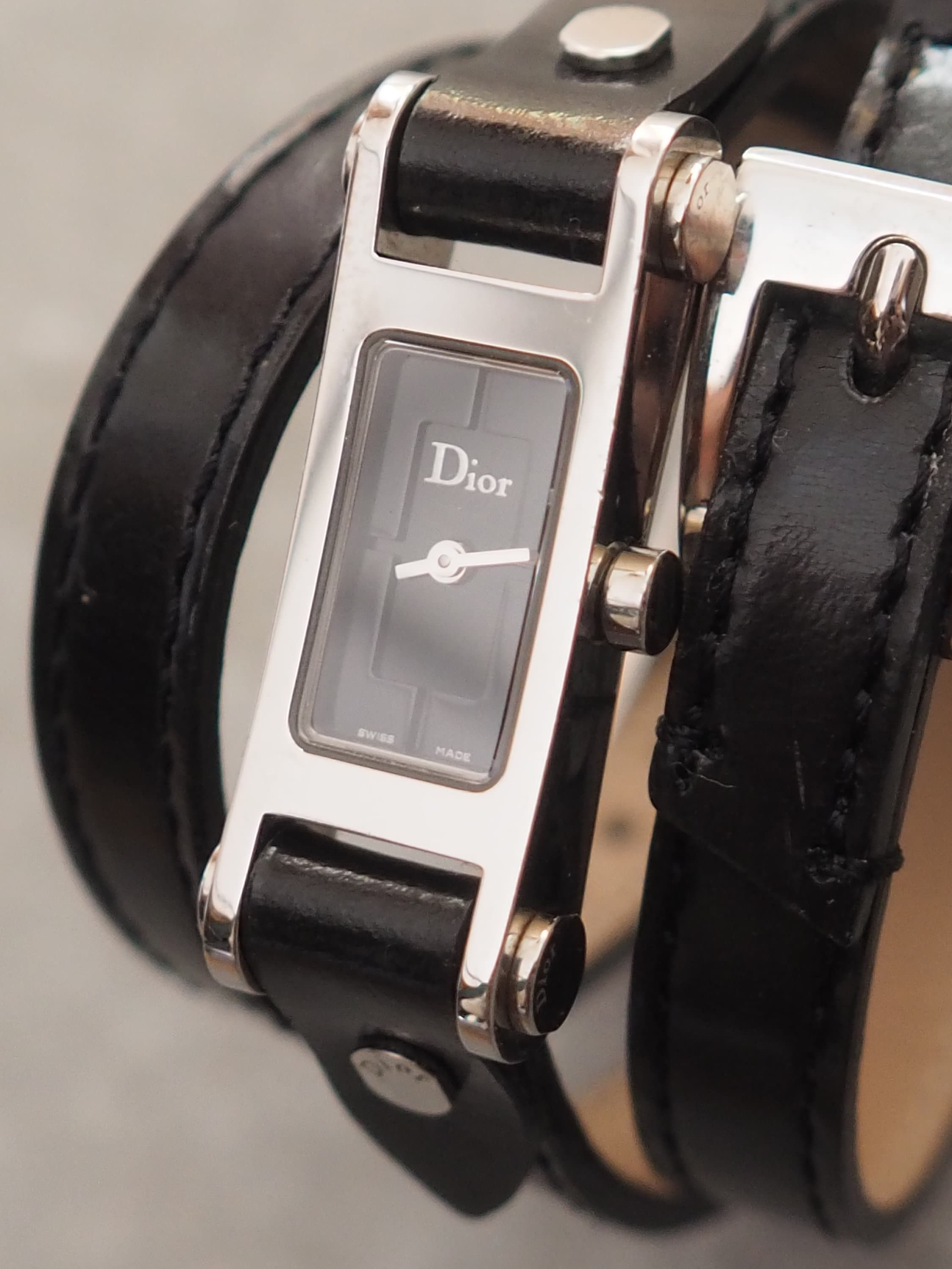 Christian Dior Triple Loop Watch Silver Metal Black Leather Quartz Wristwatch Vintage