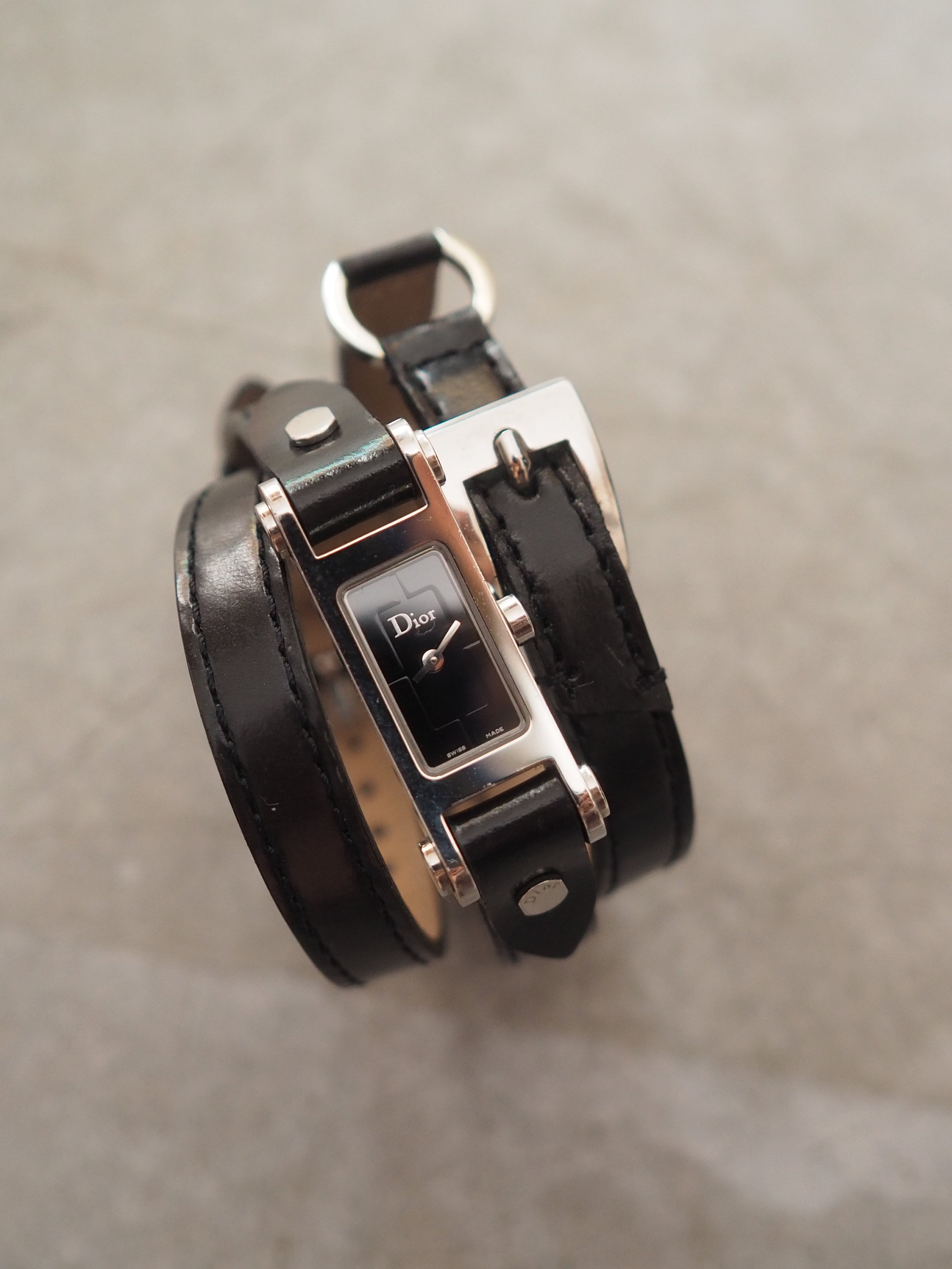 Christian Dior Triple Loop Watch Silver Metal Black Leather Quartz Wristwatch Vintage