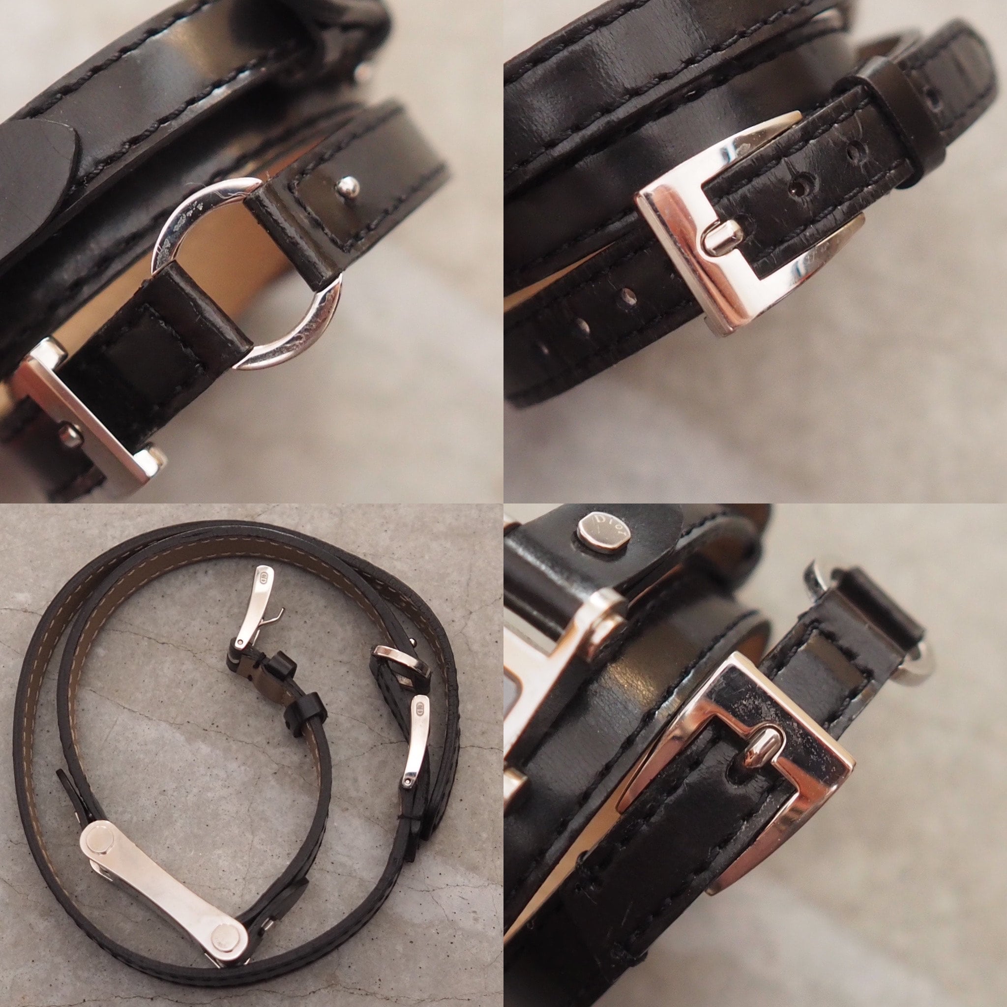 Christian Dior Triple Loop Watch Silver Metal Black Leather Quartz Wristwatch Vintage