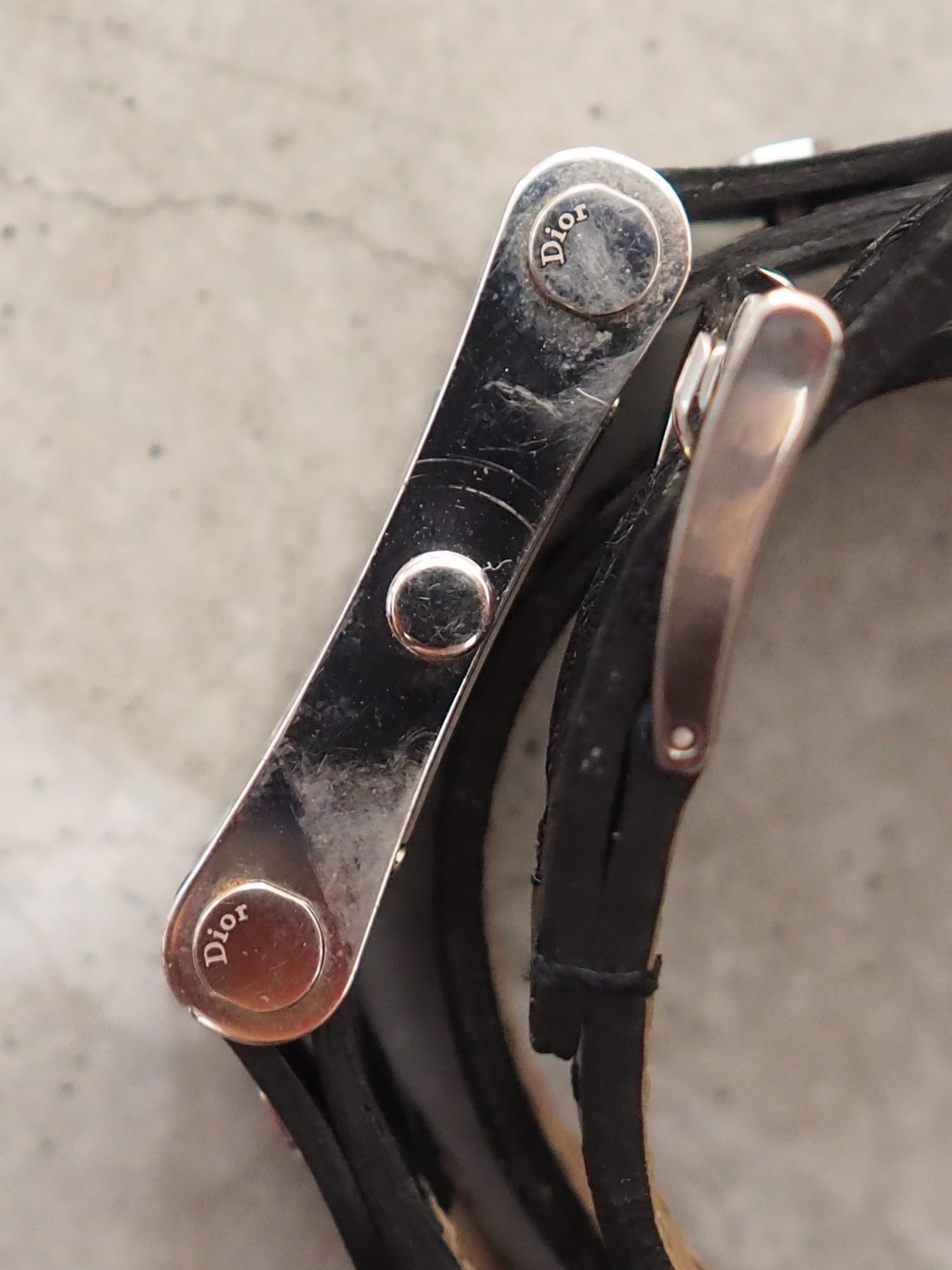 Christian Dior Triple Loop Watch Silver Metal Black Leather Quartz Wristwatch Vintage