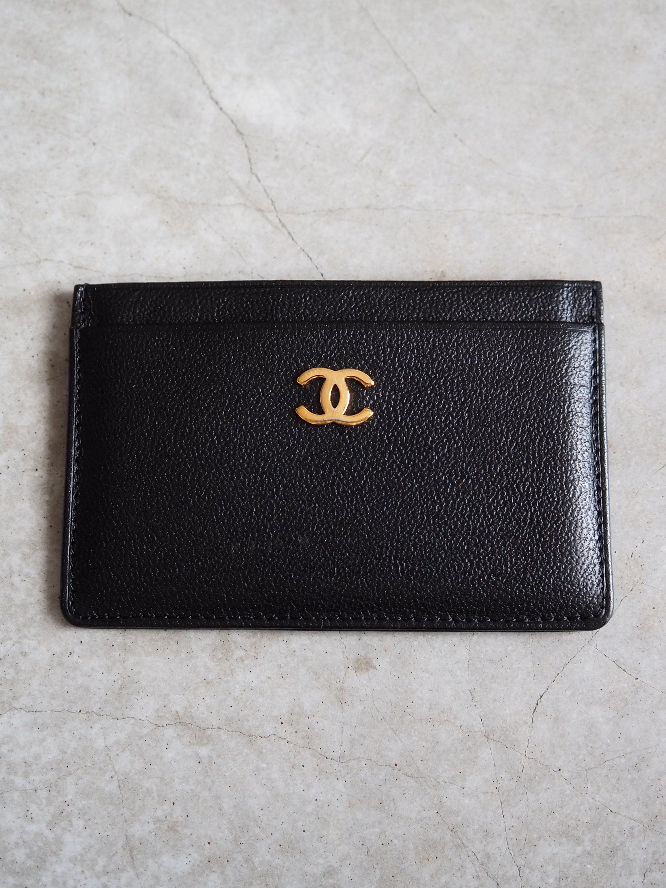 CHANEL COCO Card ID Case Purse Leather Black Authentic Vintage Box