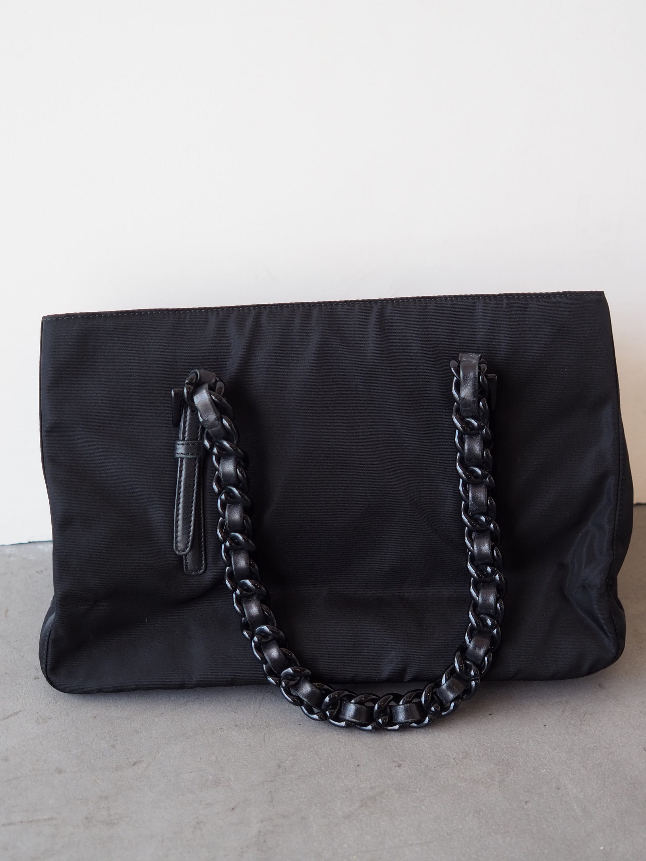 PRADA Nylon Plastic Chain Hand Bag Nylon Black Logo Purse Vintage Authentic