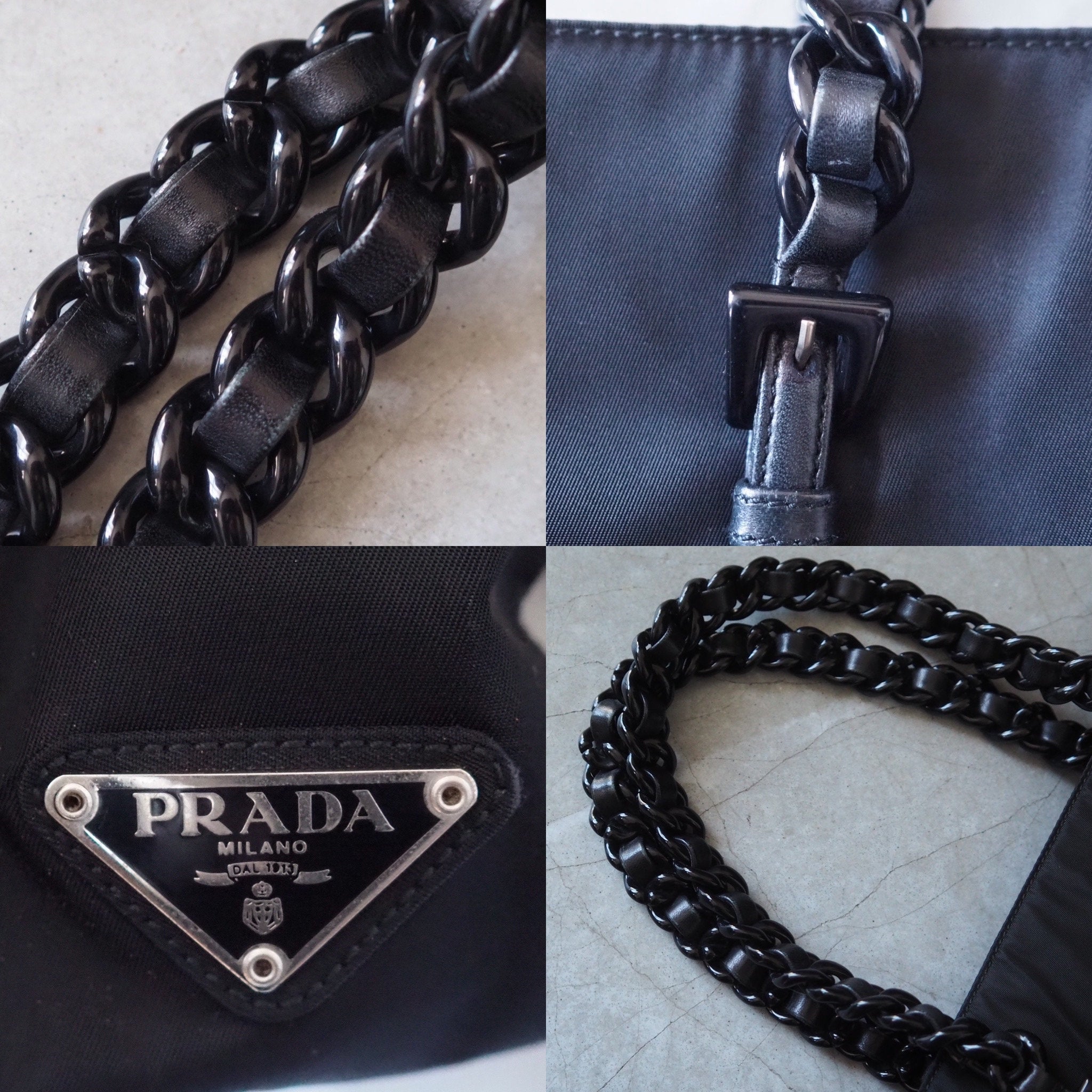 PRADA Nylon Plastic Chain Hand Bag Nylon Black Logo Purse Vintage Authentic