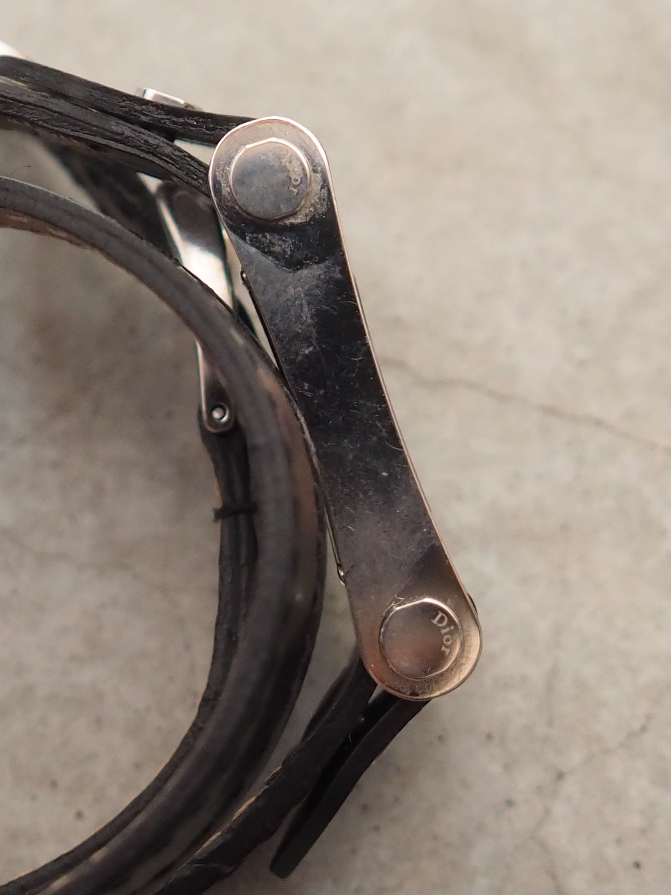 Christian Dior Triple Loop Watch Silver Metal Black Leather Quartz Wristwatch Vintage