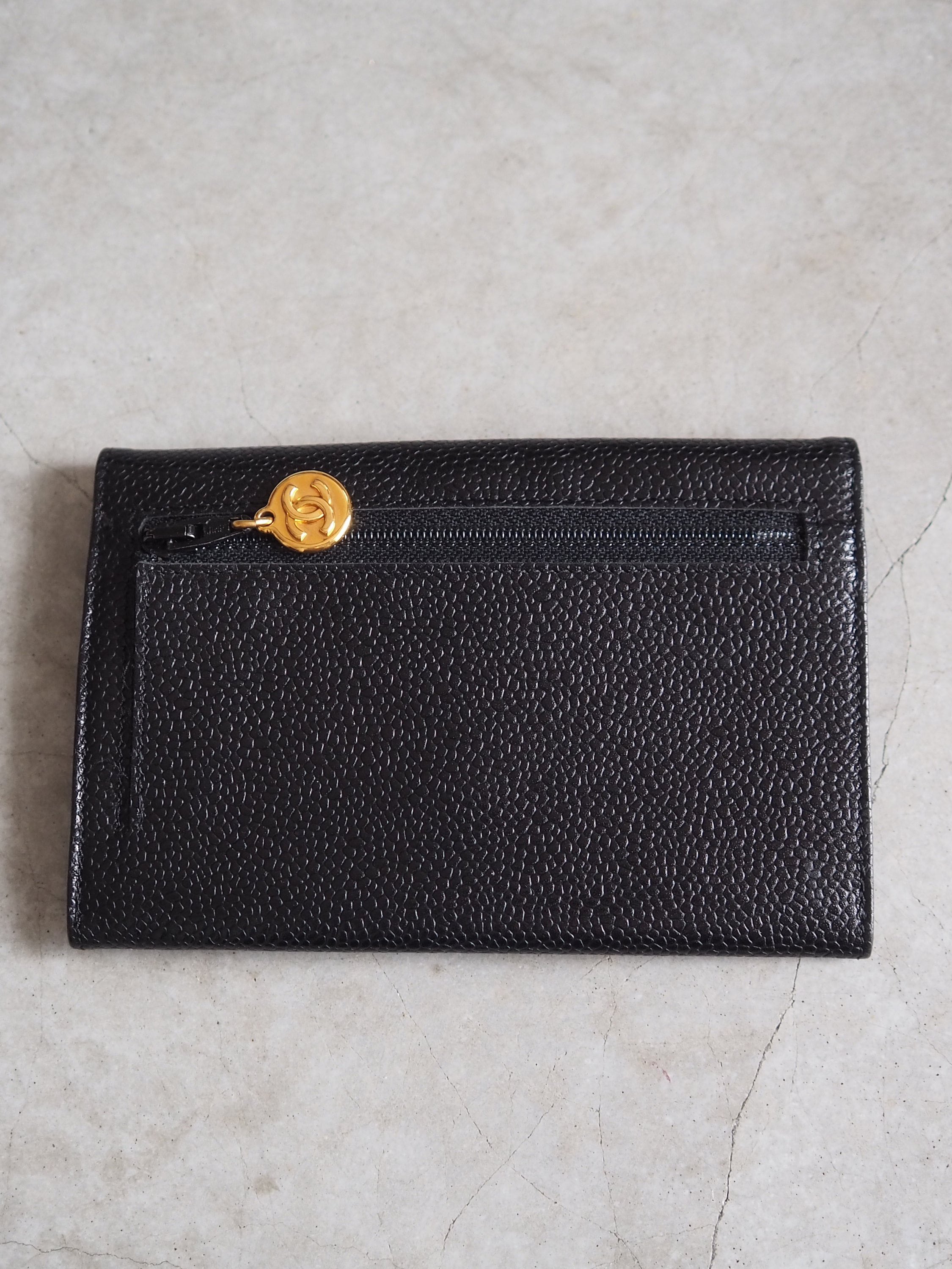 CHANEL Wallet Compact Purse Caviar Skin CC Leather Black Authentic Vintage