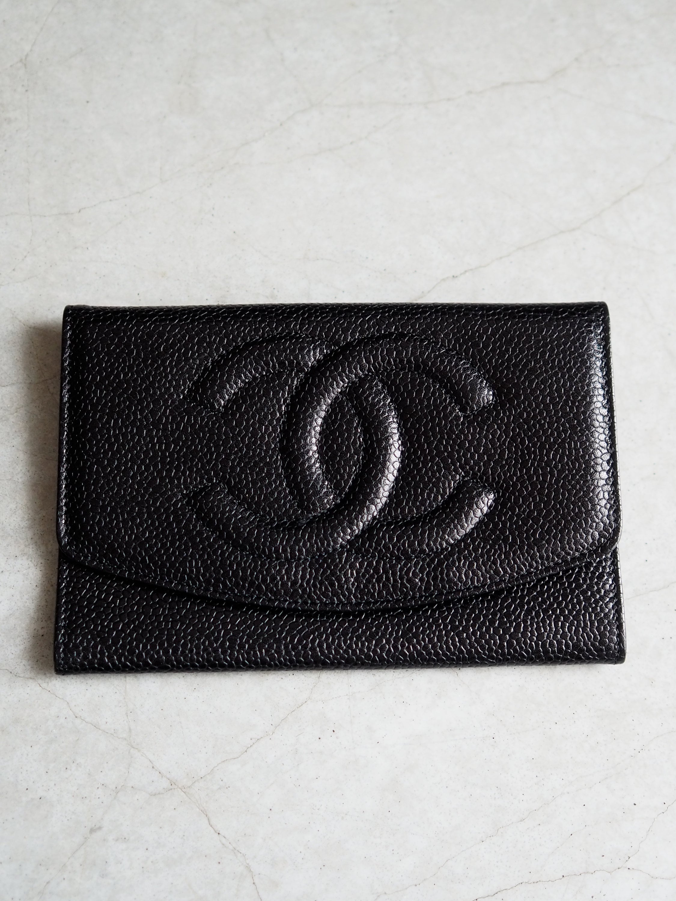 CHANEL Wallet Compact Purse Caviar Skin CC Leather Black Authentic Vintage