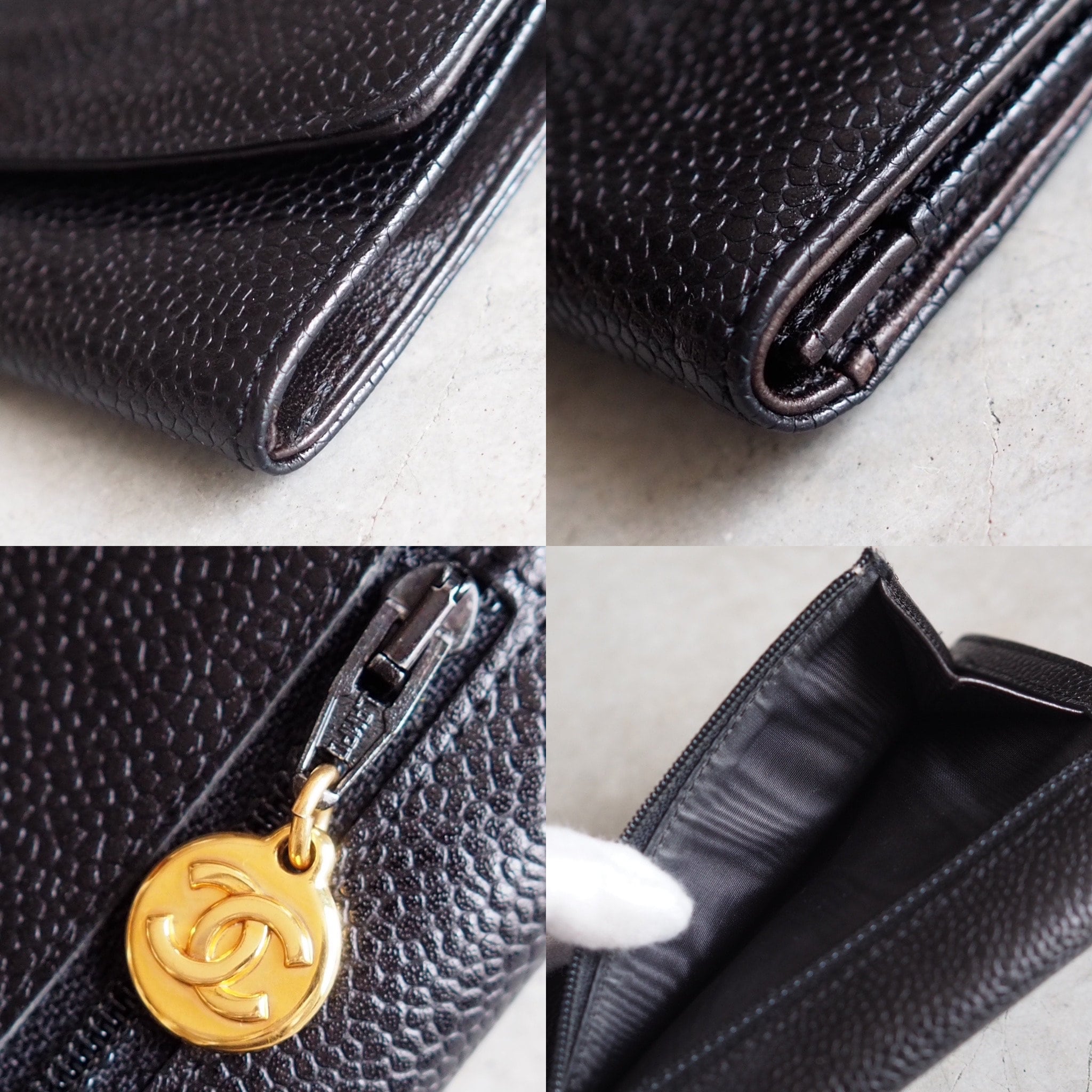 CHANEL Wallet Compact Purse Caviar Skin CC Leather Black Authentic Vintage