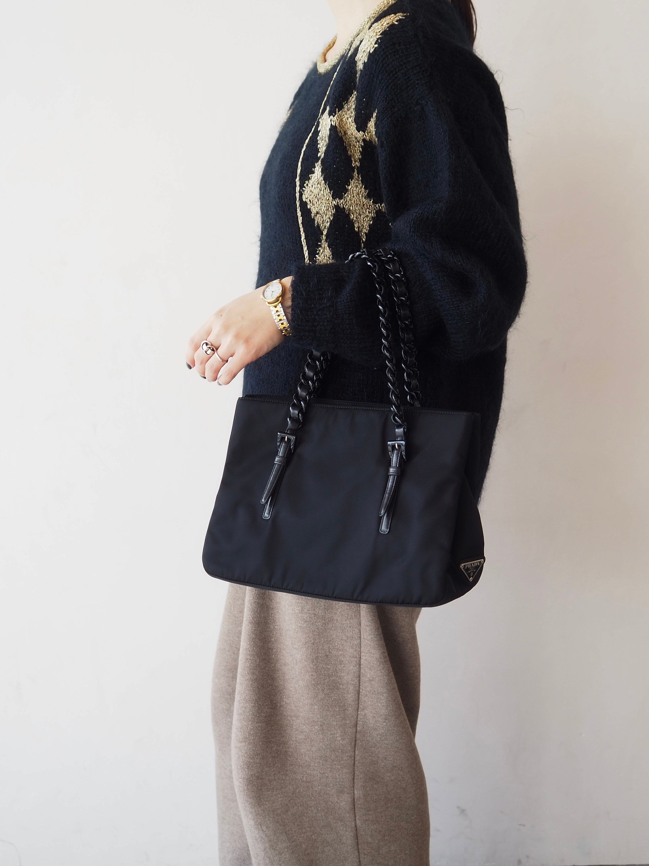 PRADA Nylon Plastic Chain Hand Bag Nylon Black Logo Purse Vintage Authentic