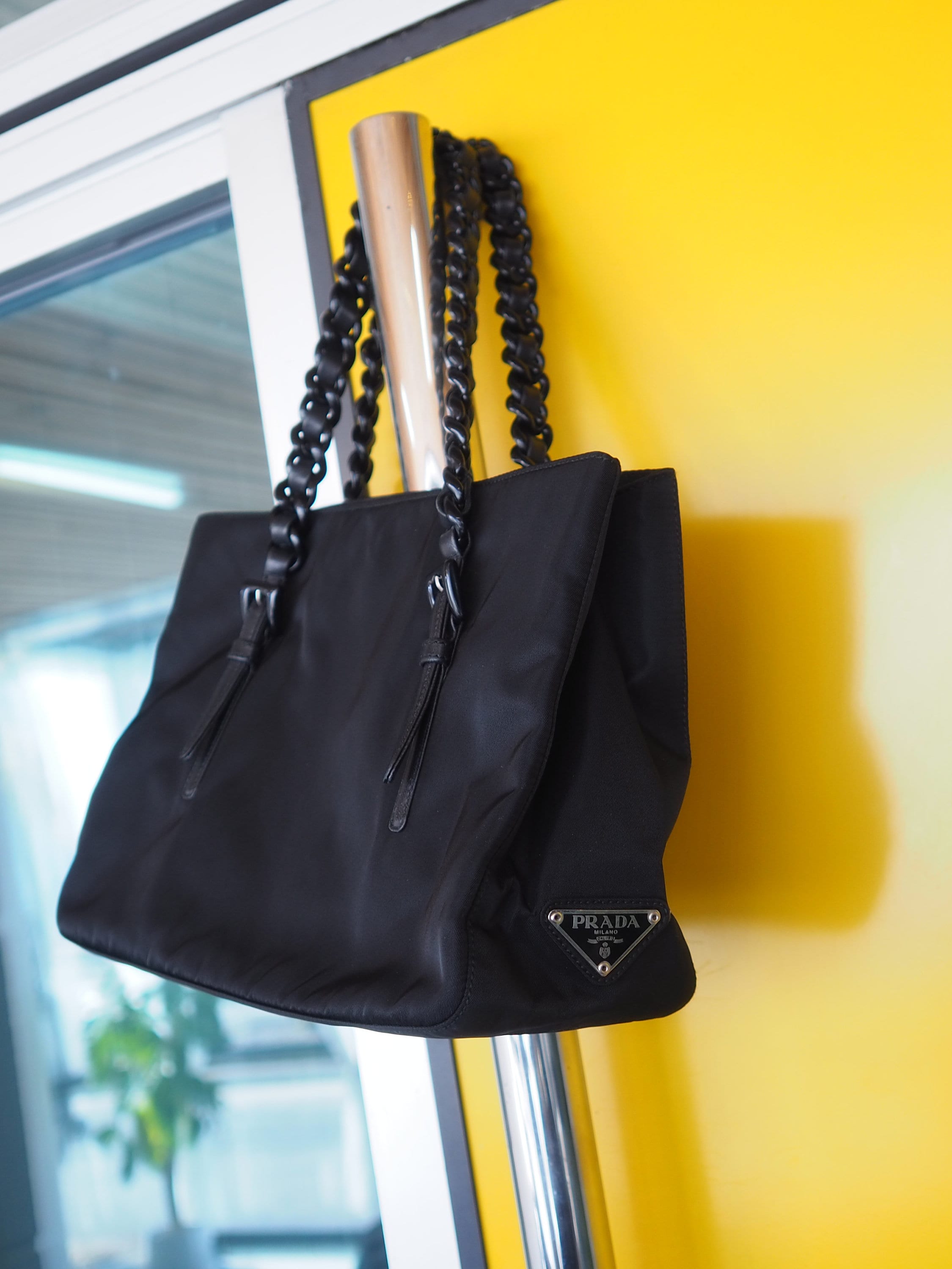 PRADA Nylon Plastic Chain Hand Bag Nylon Black Logo Purse Vintage Authentic