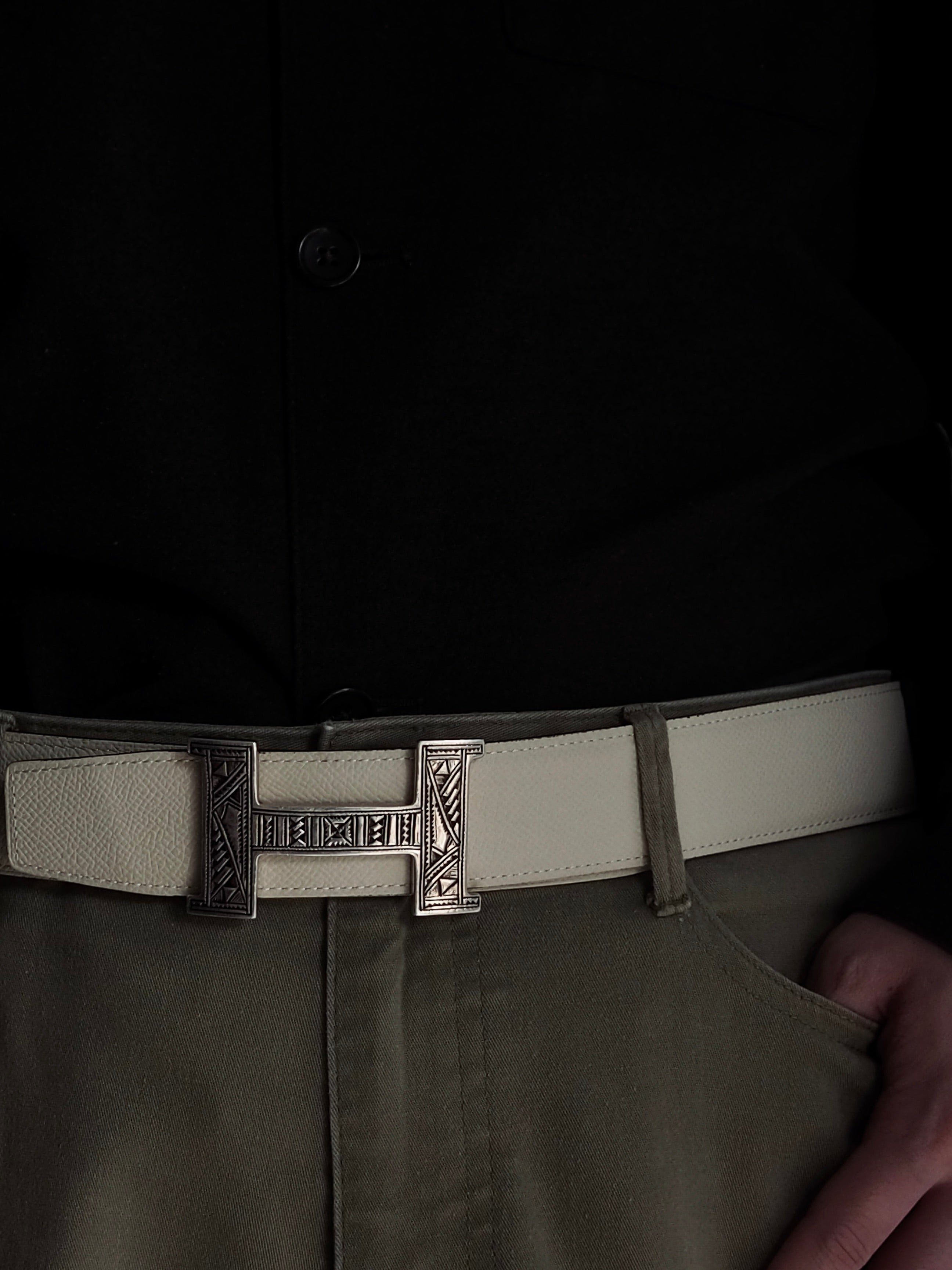 HERMES エルメス トゥアレグ ベルト 90 シルバー グレージュ