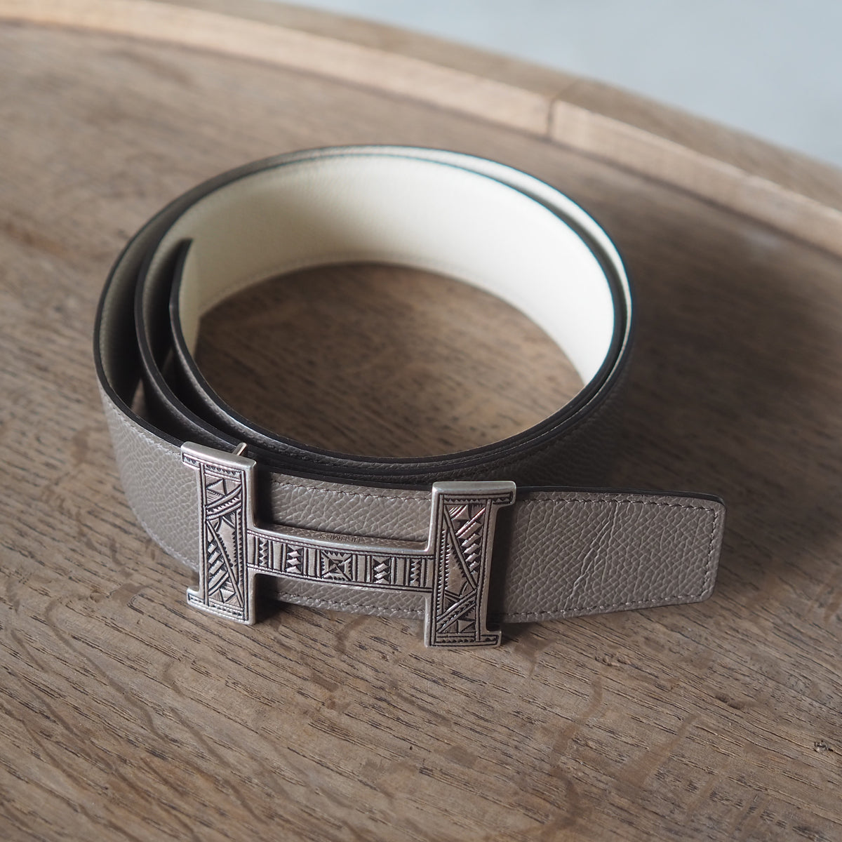HERMES エルメス トゥアレグ ベルト 90 シルバー グレージュ 