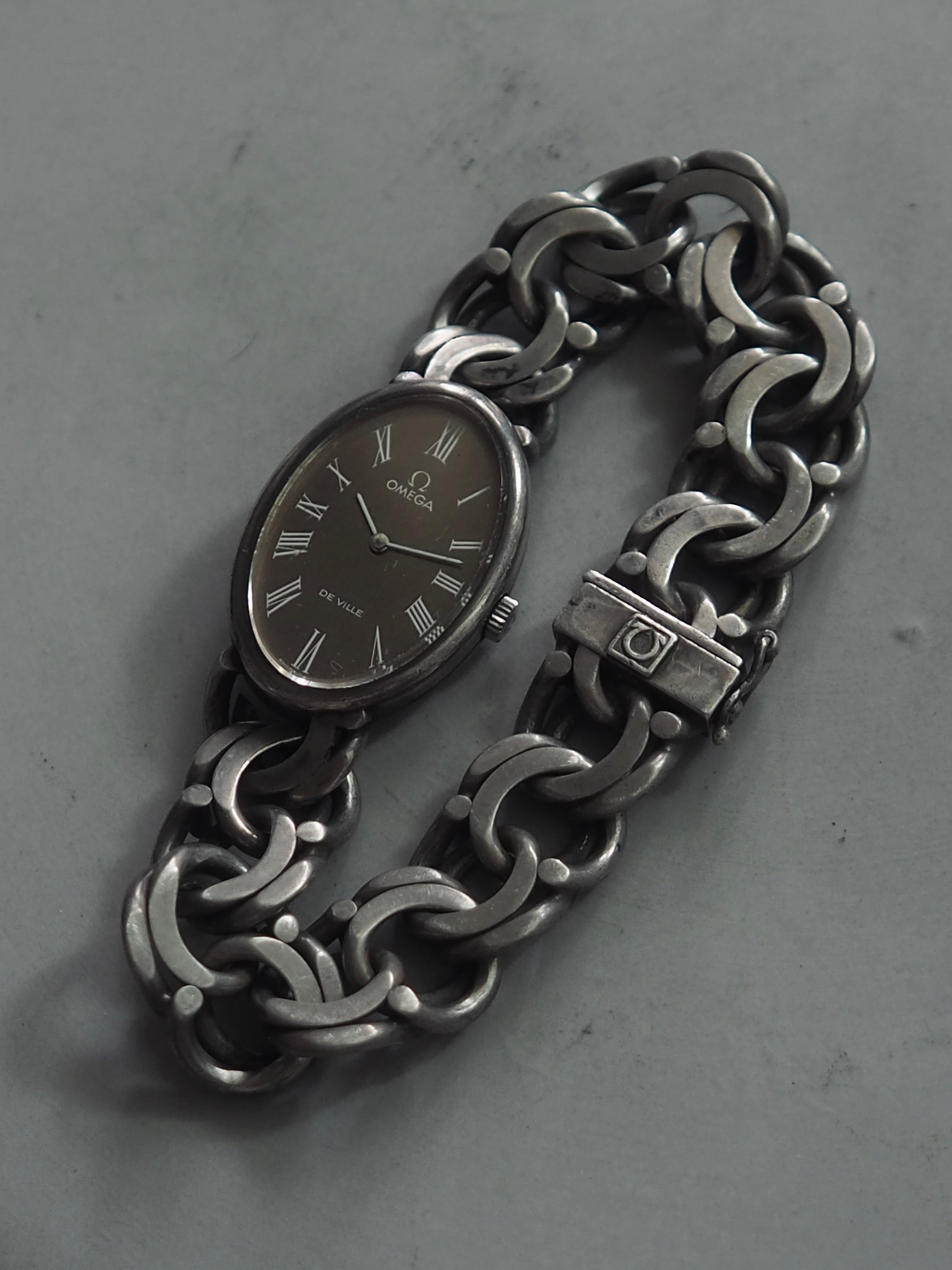 OMEGA DE VILLEアナログ手巻き時計 シルバー/ブラック OMEGA オメガ オーバル チェーン ウォッチ 腕時計 シルバー925 手巻き