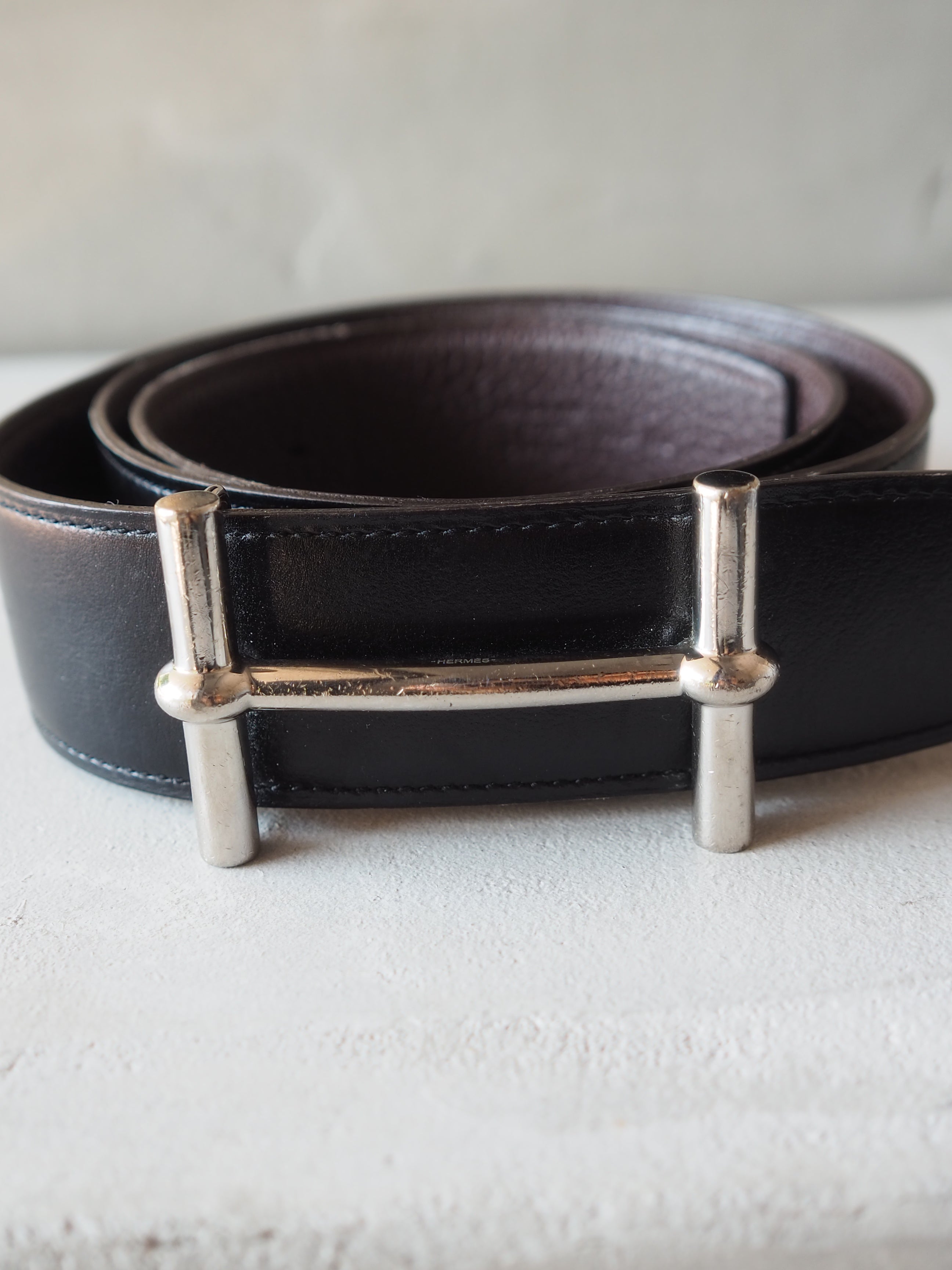 HERMES エルメス H ベルト 85 メンズ シルバー ブラック ブラウン