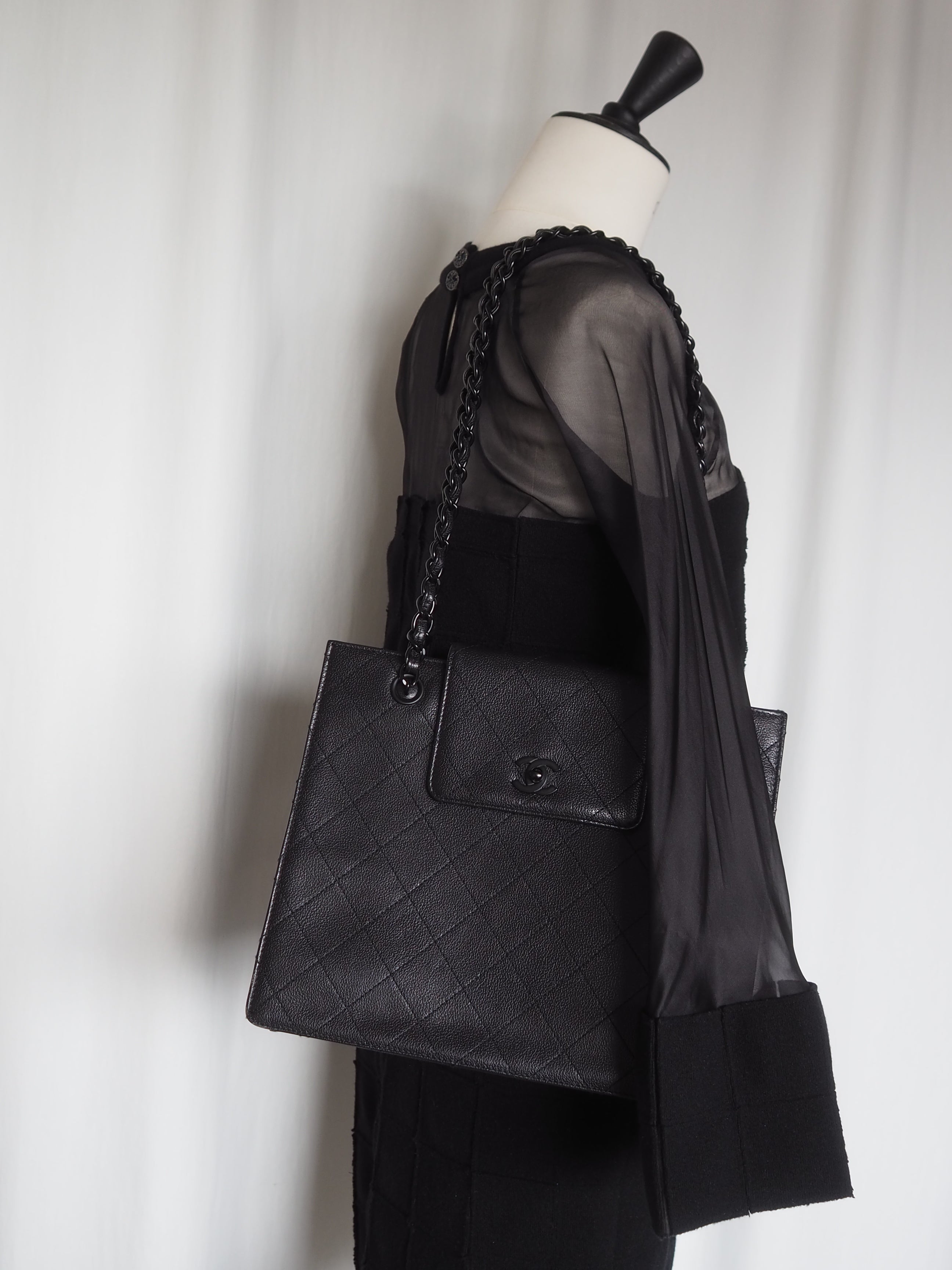 CHANEL Black Caviar Quilted Chain Tote Bag
