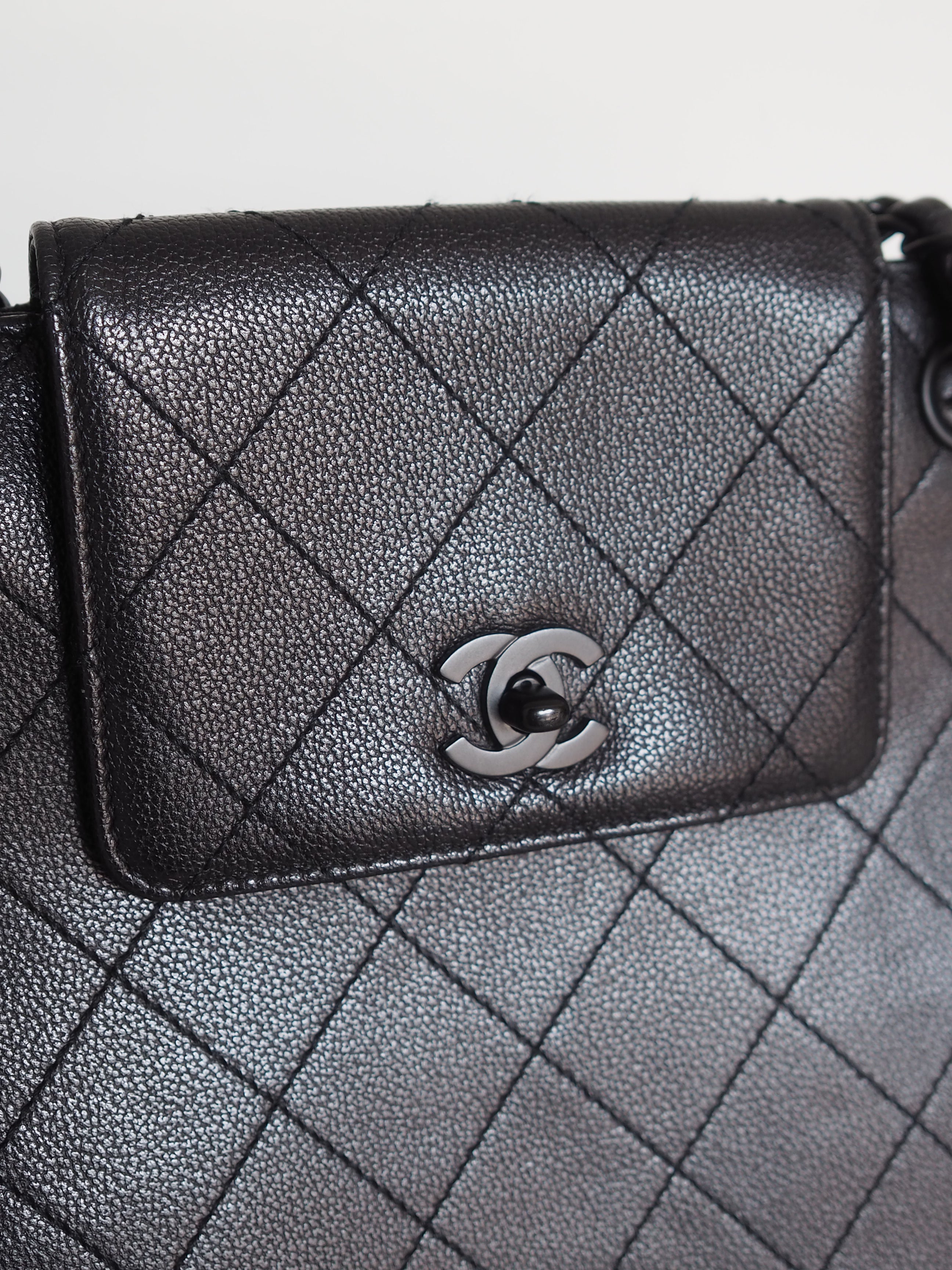 CHANEL Black Caviar Quilted Chain Tote Bag