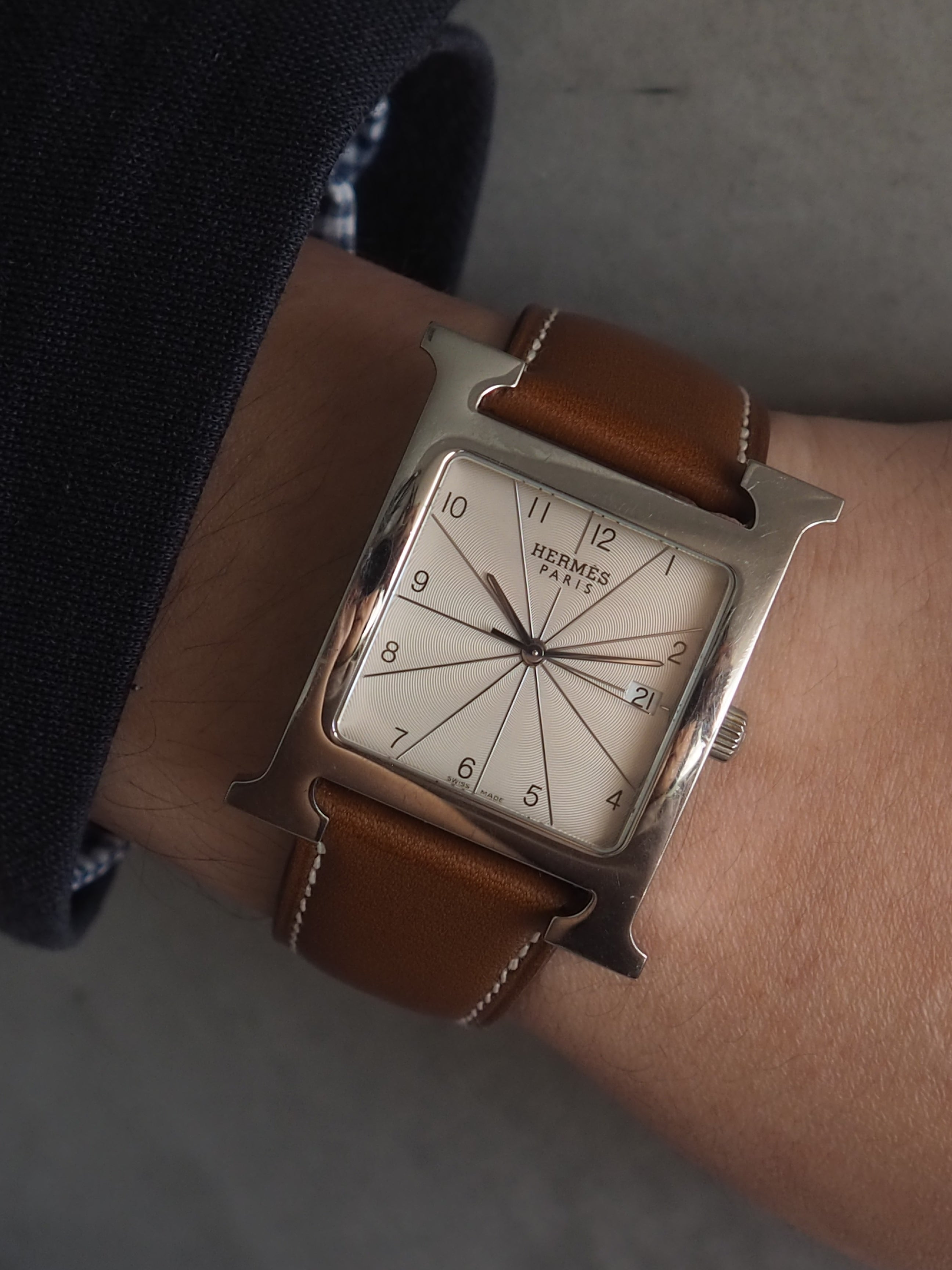 HERMES エルメス H ウォッチ 腕時計 シルバー ブラウン メンズ ユニ