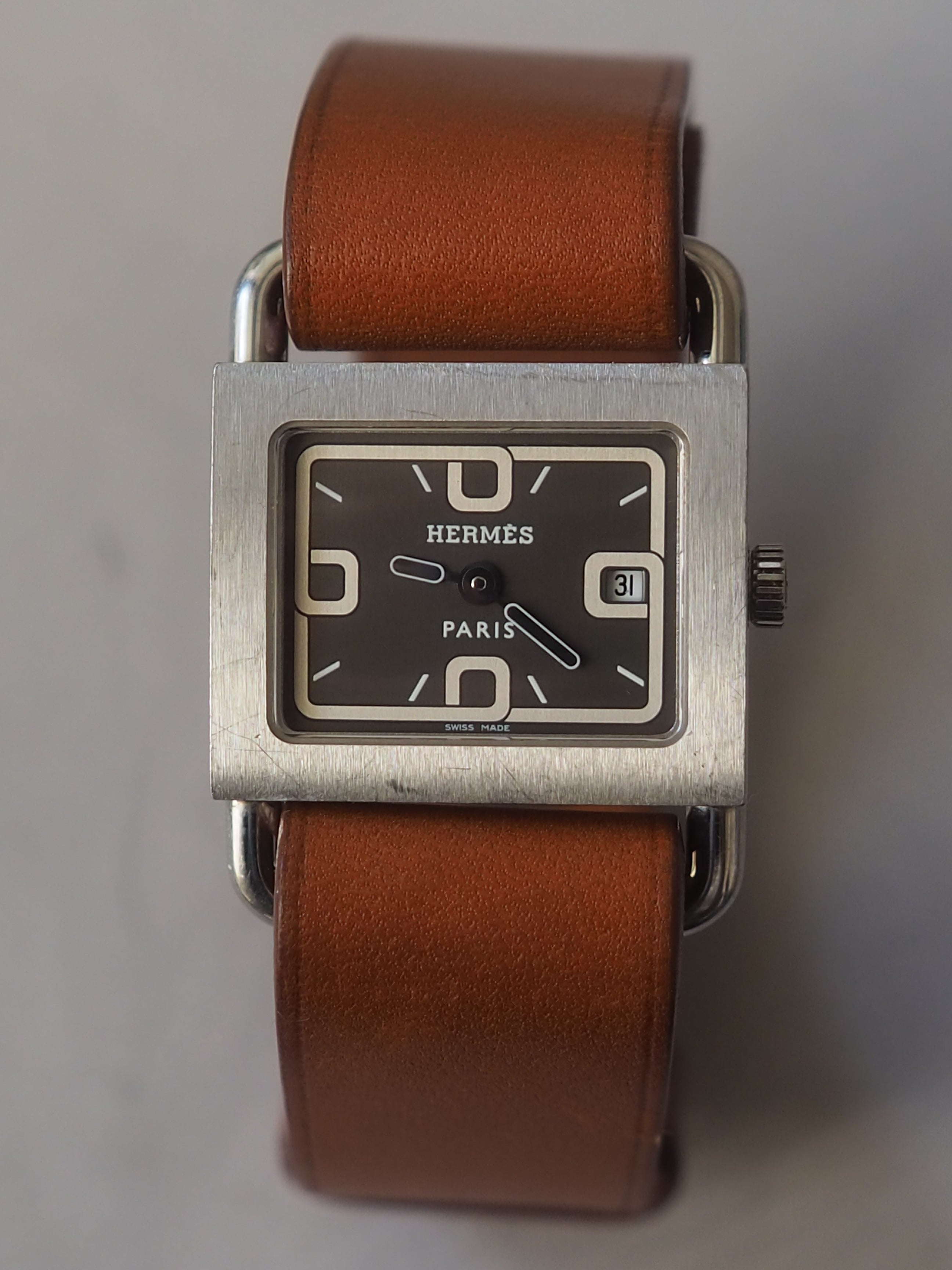 HERMES エルメス バレニア ウォッチ 腕時計 シルバー ブラウン レザー