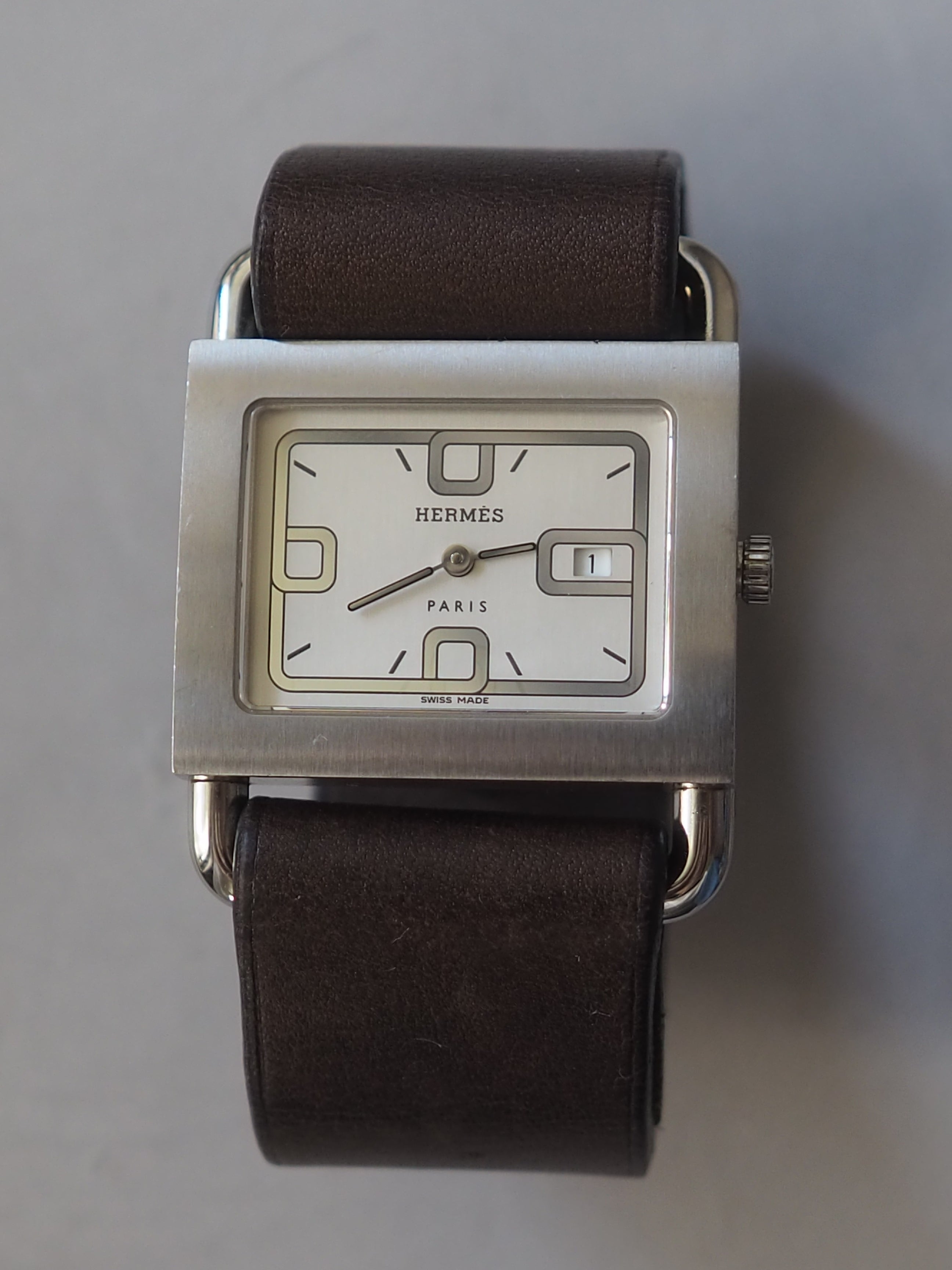 HERMES エルメス バレニア ウォッチ 腕時計 シルバー ブラウン レザー