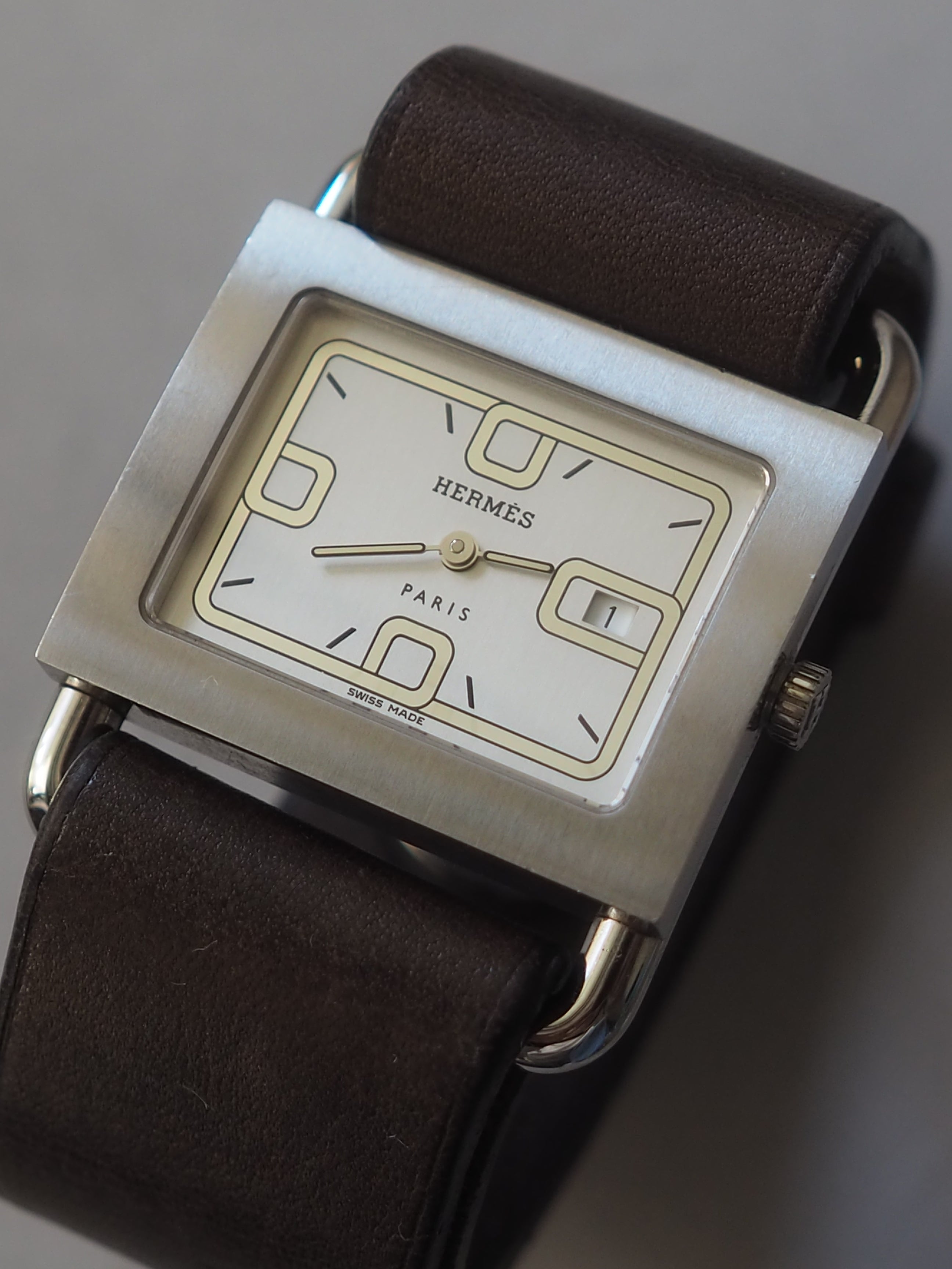 HERMES エルメス バレニア ウォッチ 腕時計 シルバー ブラウン レザー