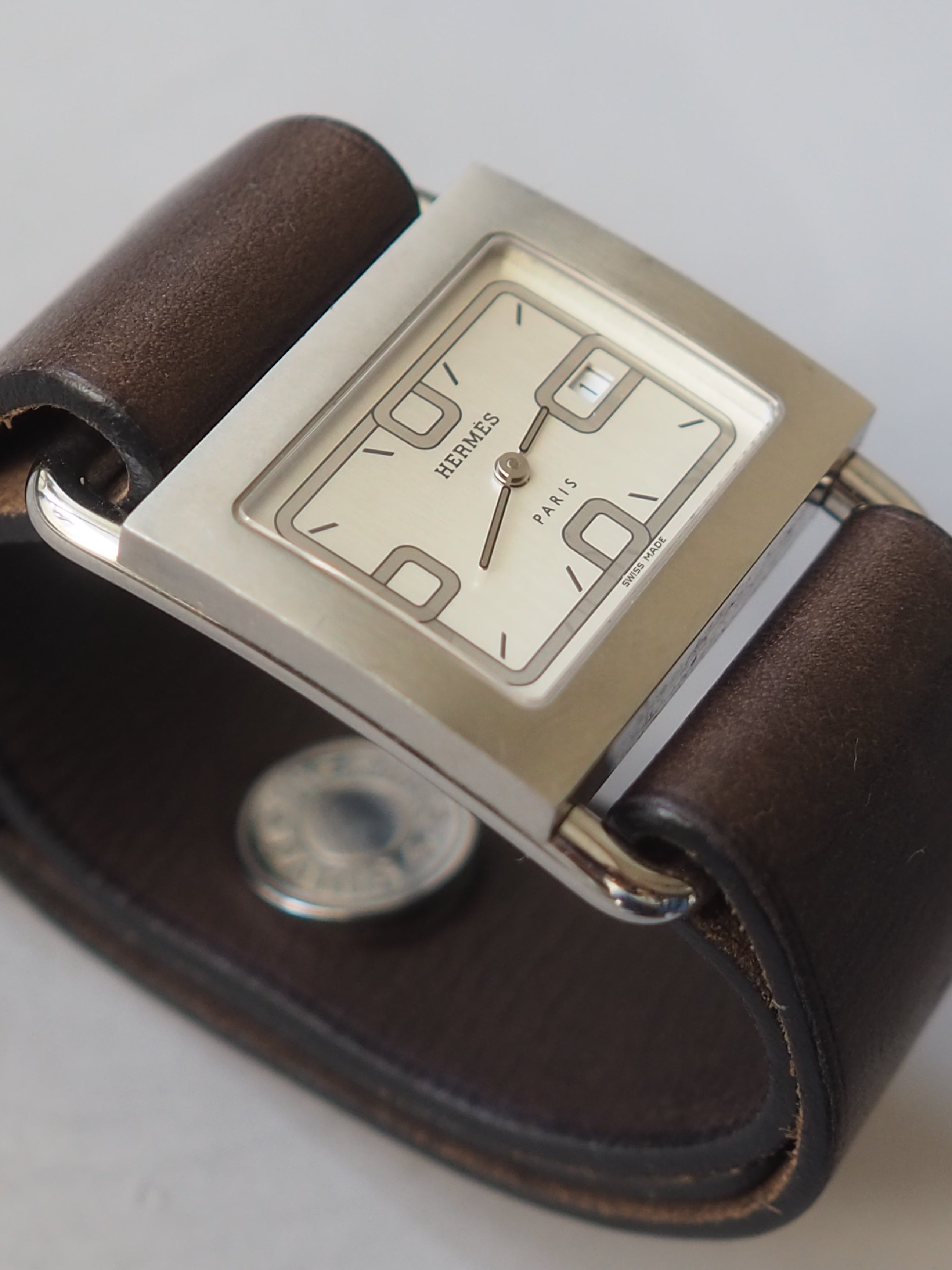 HERMES エルメス バレニア ウォッチ 腕時計 シルバー ブラウン レザー