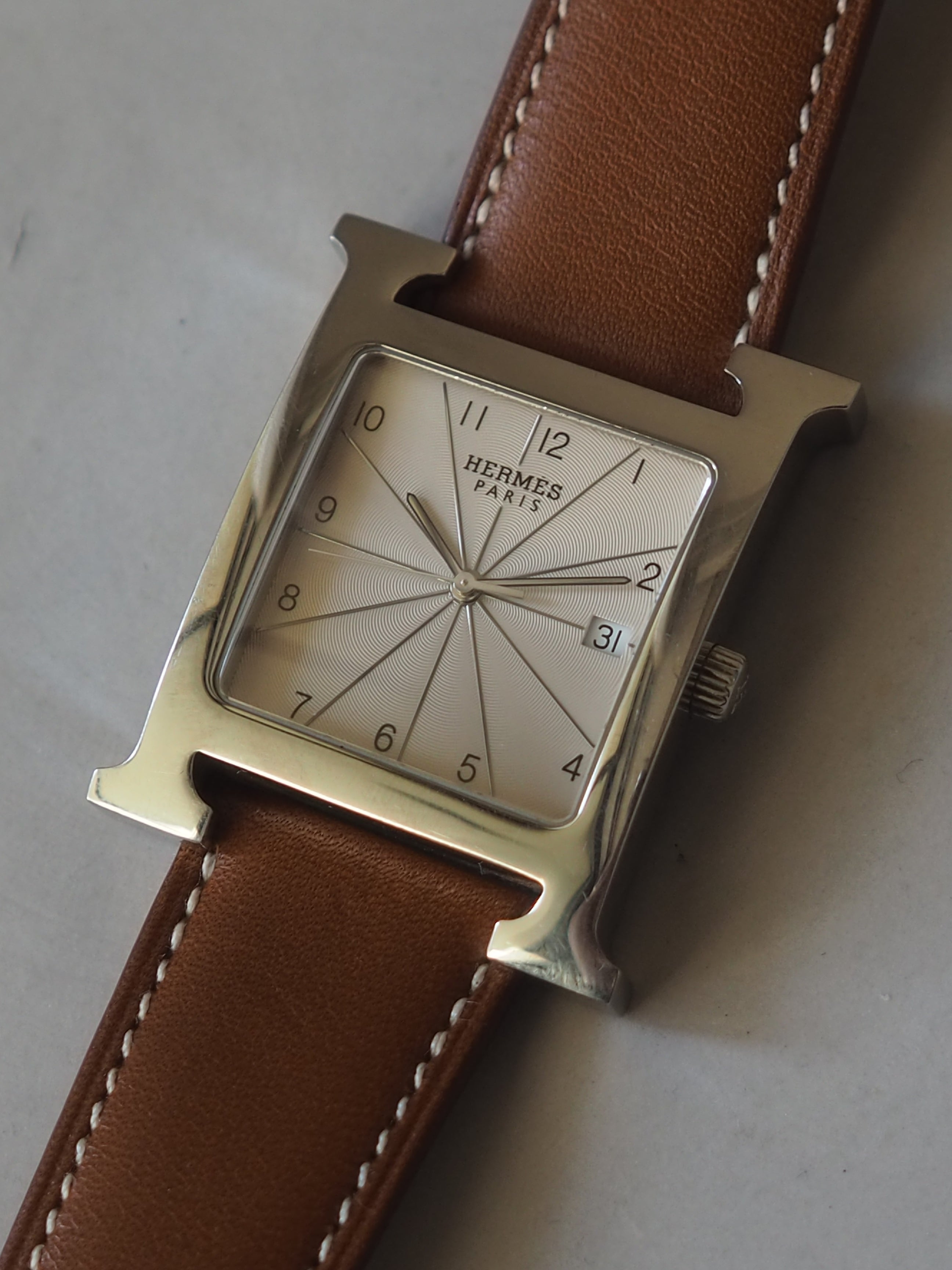 HERMES エルメス H ウォッチ 腕時計 シルバー ブラウン メンズ ユニ