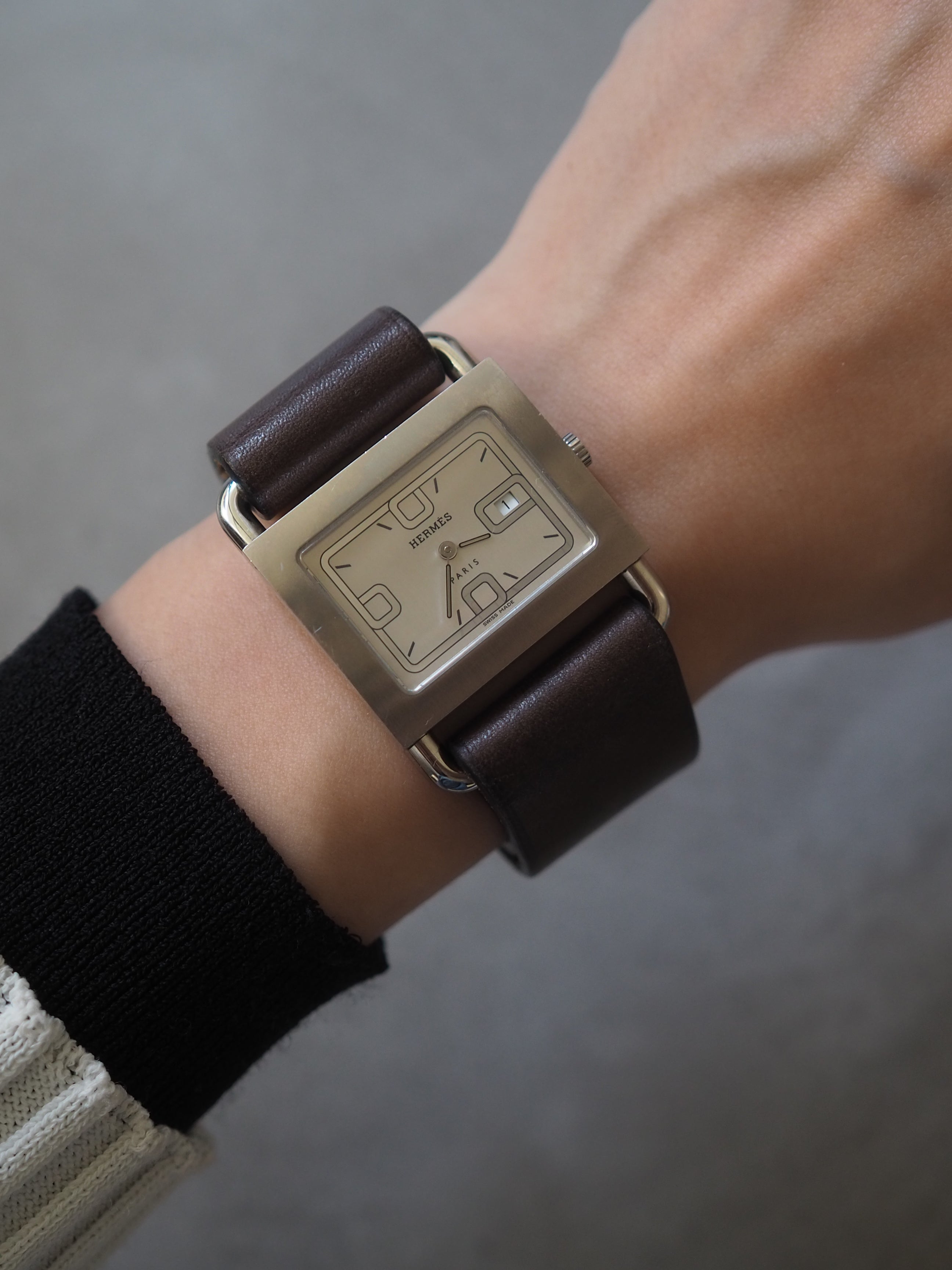 HERMES エルメス バレニア ウォッチ 腕時計 シルバー ブラウン レザー
