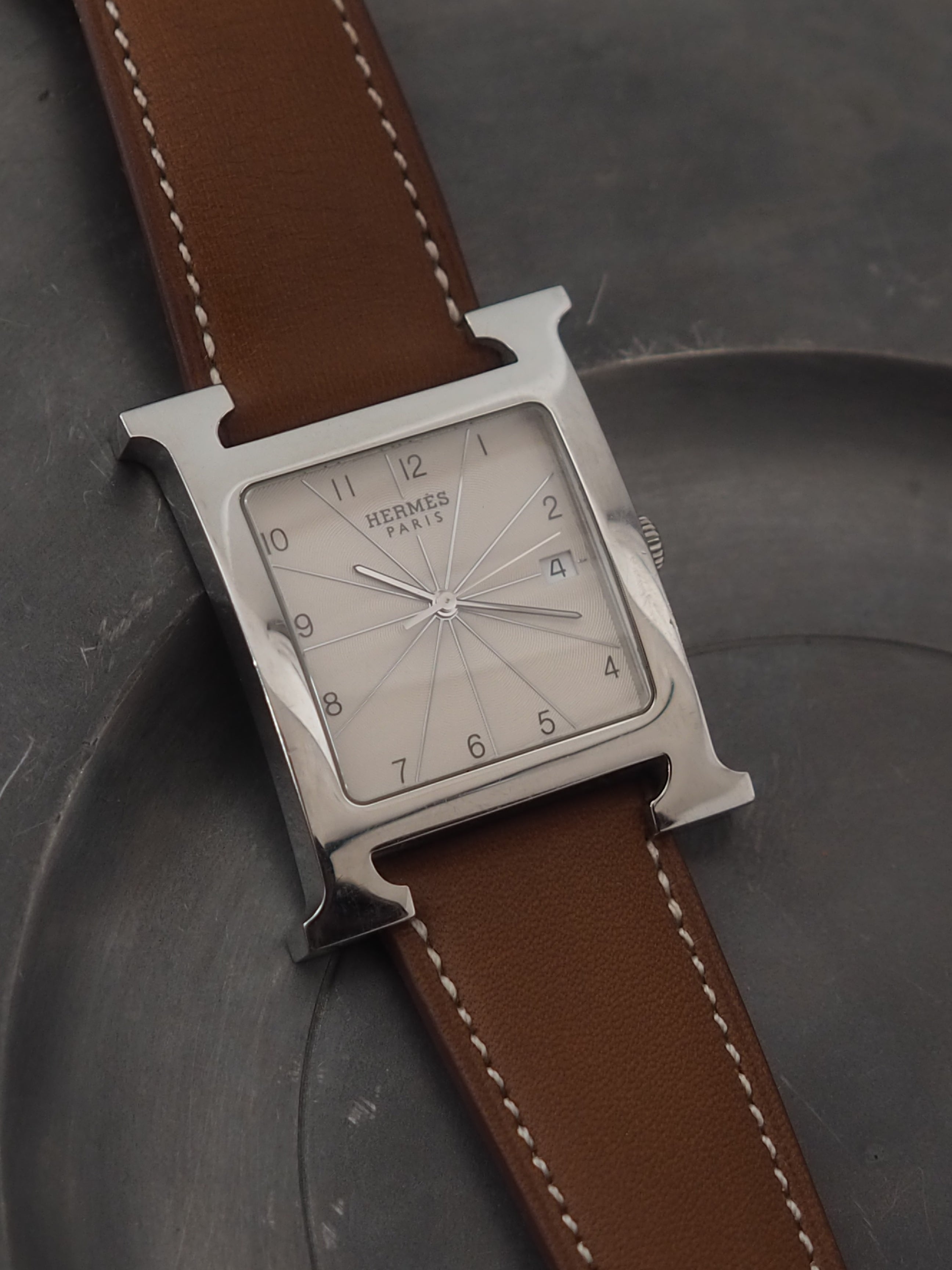 HERMES エルメス H ウォッチ 腕時計 シルバー ブラウン メンズ ユニ
