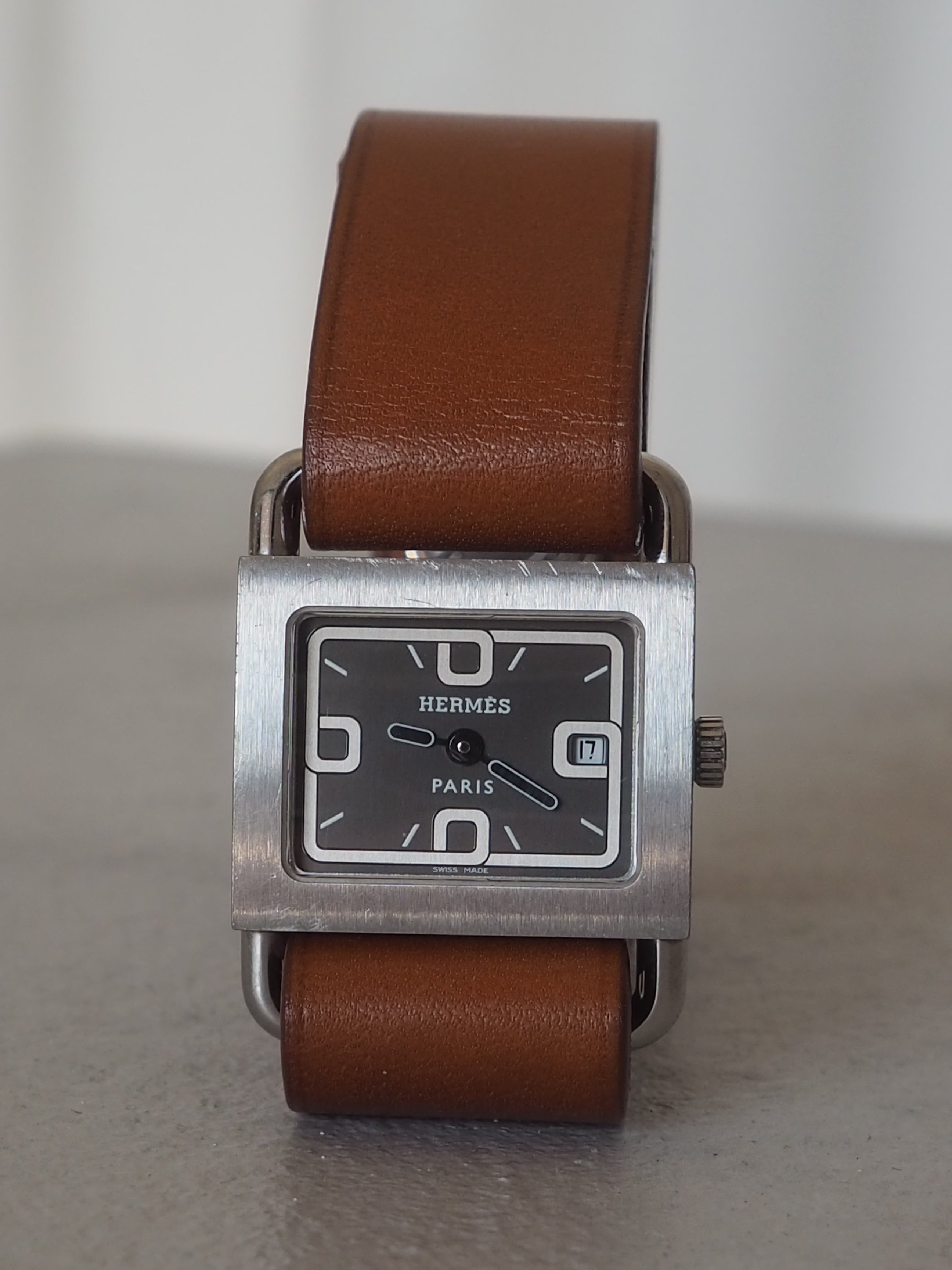 HERMES エルメス バレニア ウォッチ 腕時計 シルバー ブラウン レザー
