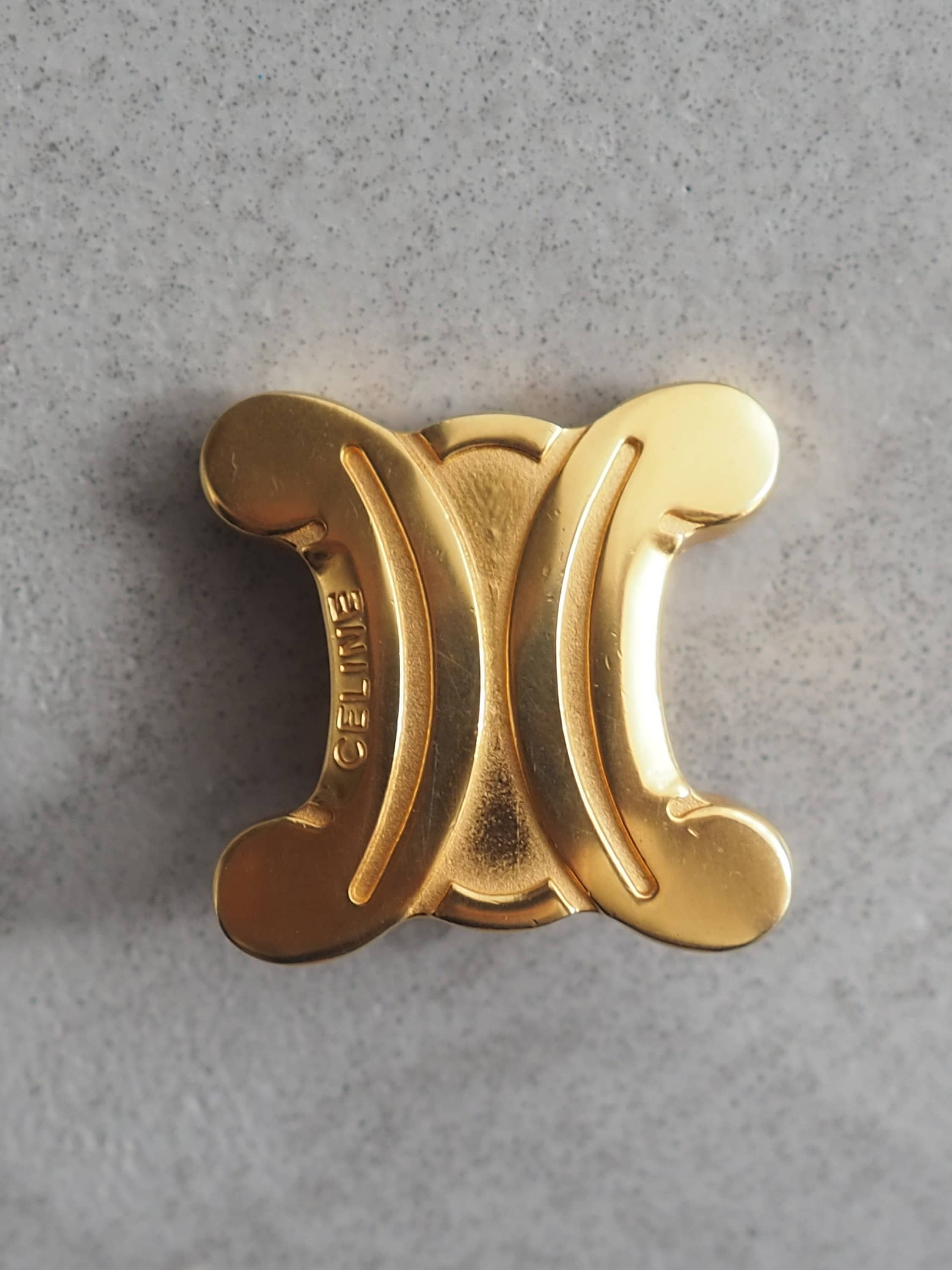 CELINE Macadam Logo Clip-On Earrings Gold Vintage Metal Authentic