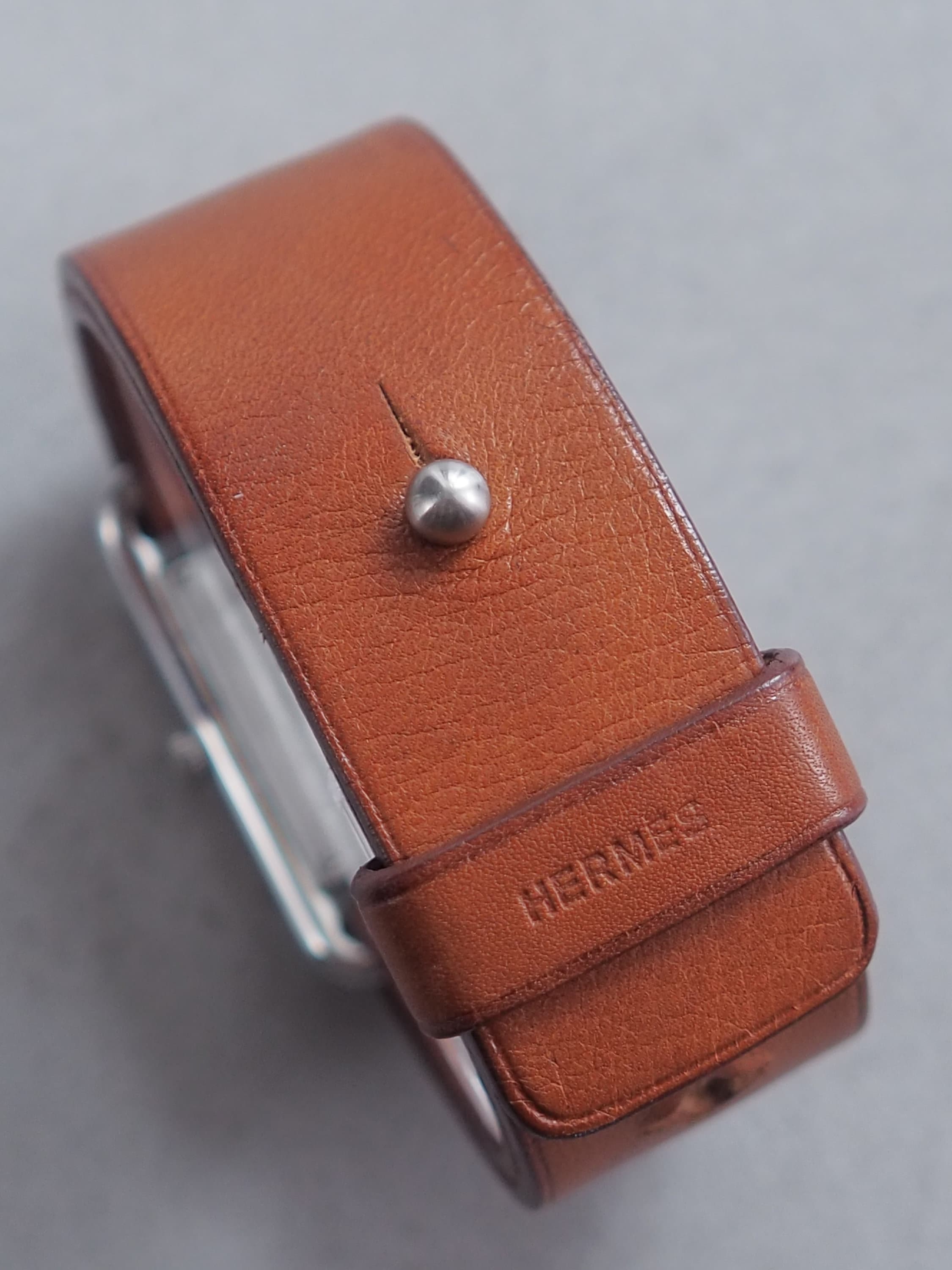 HERMES Valenia Date Silver Dial Quartz Watch Wristwatch Unisex Leather Brown Band Vintage BA1.210