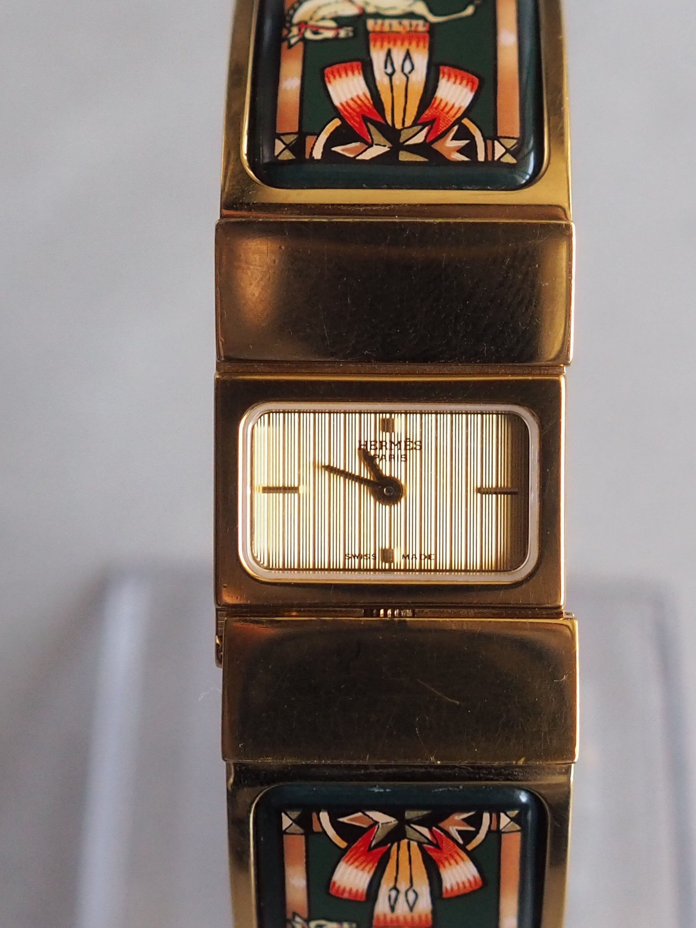 HERMES Location Bangle Watch Wristwatch Green Gold Plated Vintage Authentic