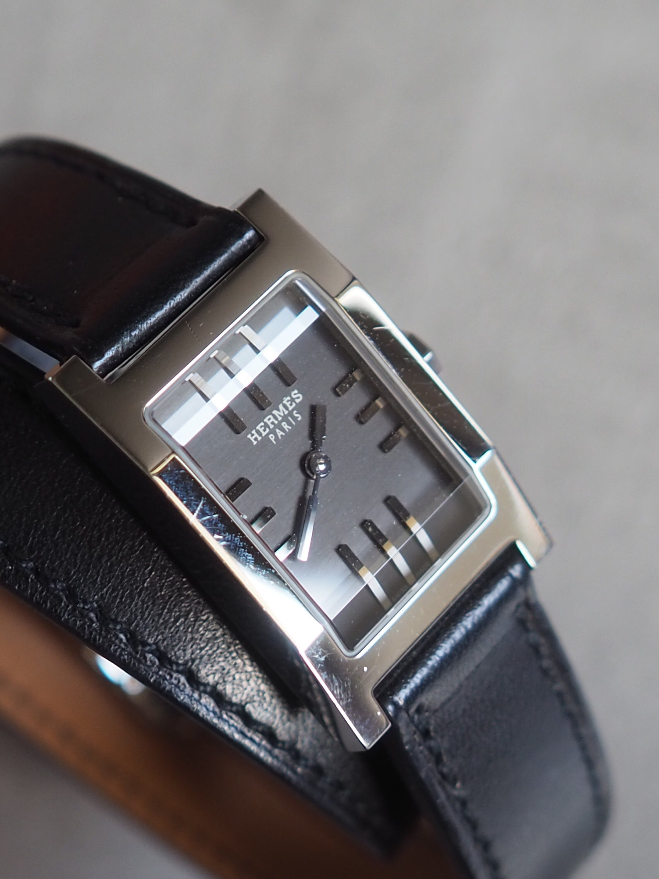 HERMES Tandem Watches Watch TA1.210 Silver Gray Color Stainless steel Black Leather Vintage Authentic