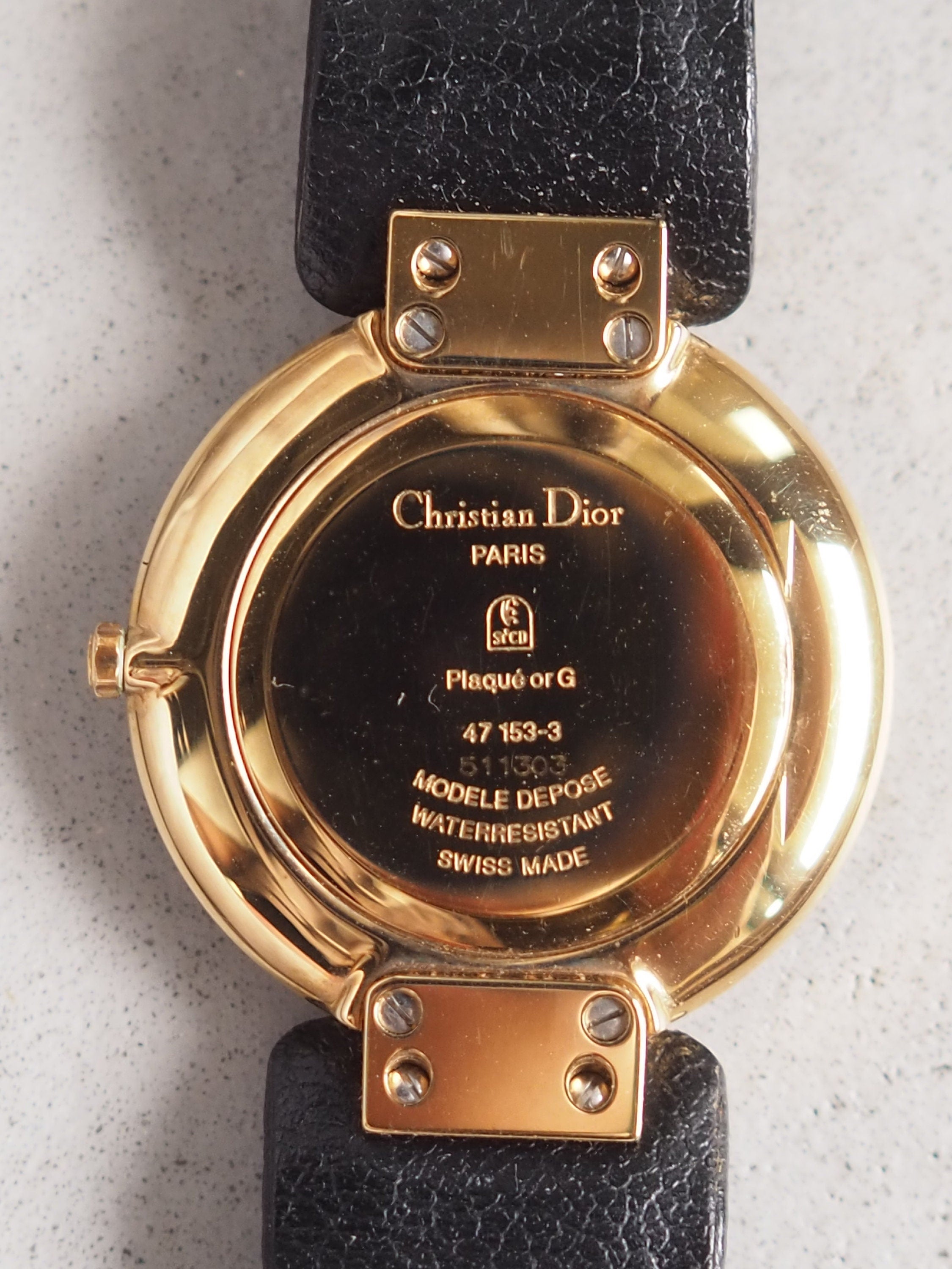 Christian Dior Bagheera Black Moon Watch Gold Metal Leather Quartz Wristwatch Unisex