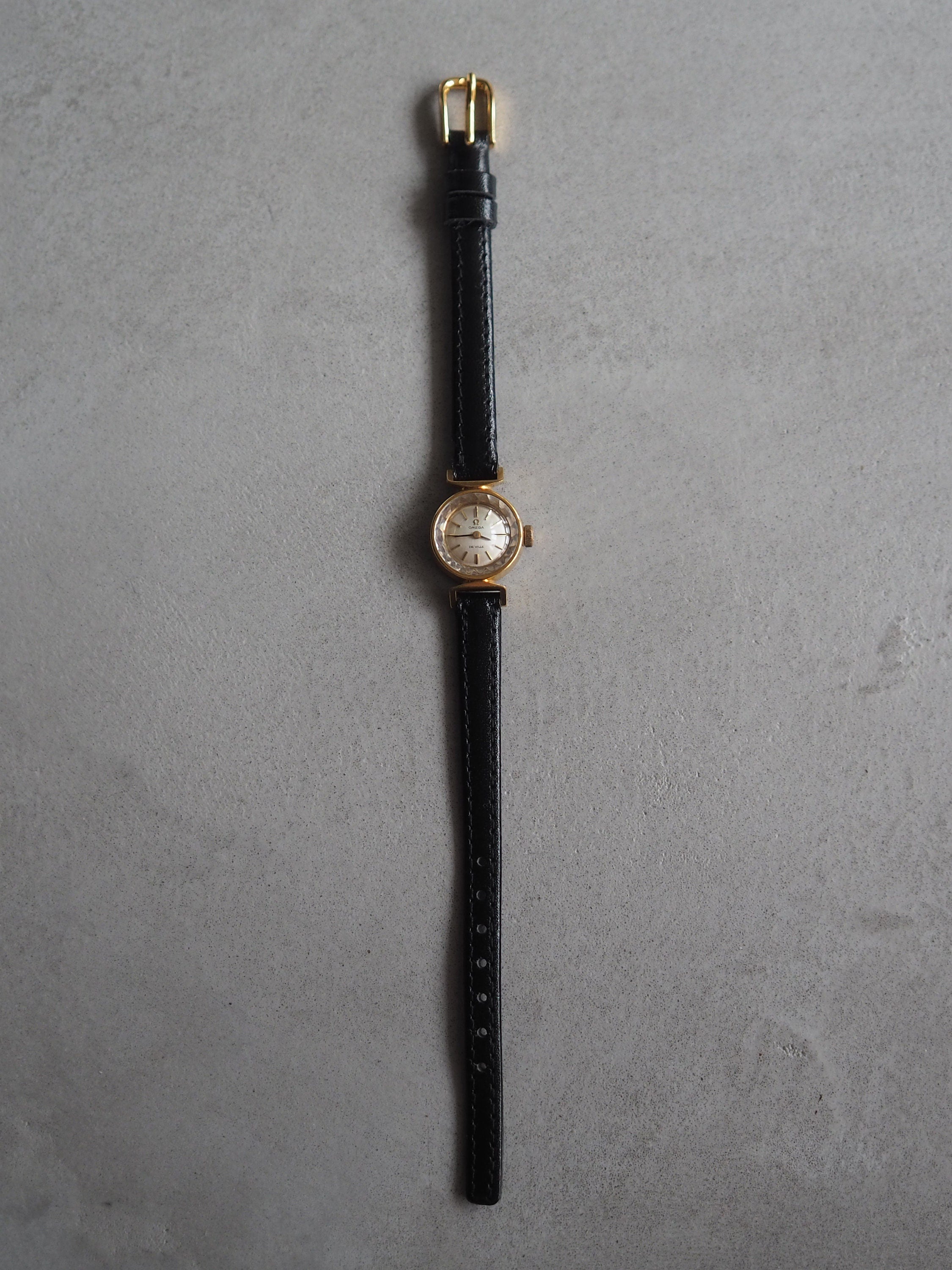 OMEGA DE VILLE Watch Gold Color Stainless steel Leather Black Ladies Vintage Antique Authentic