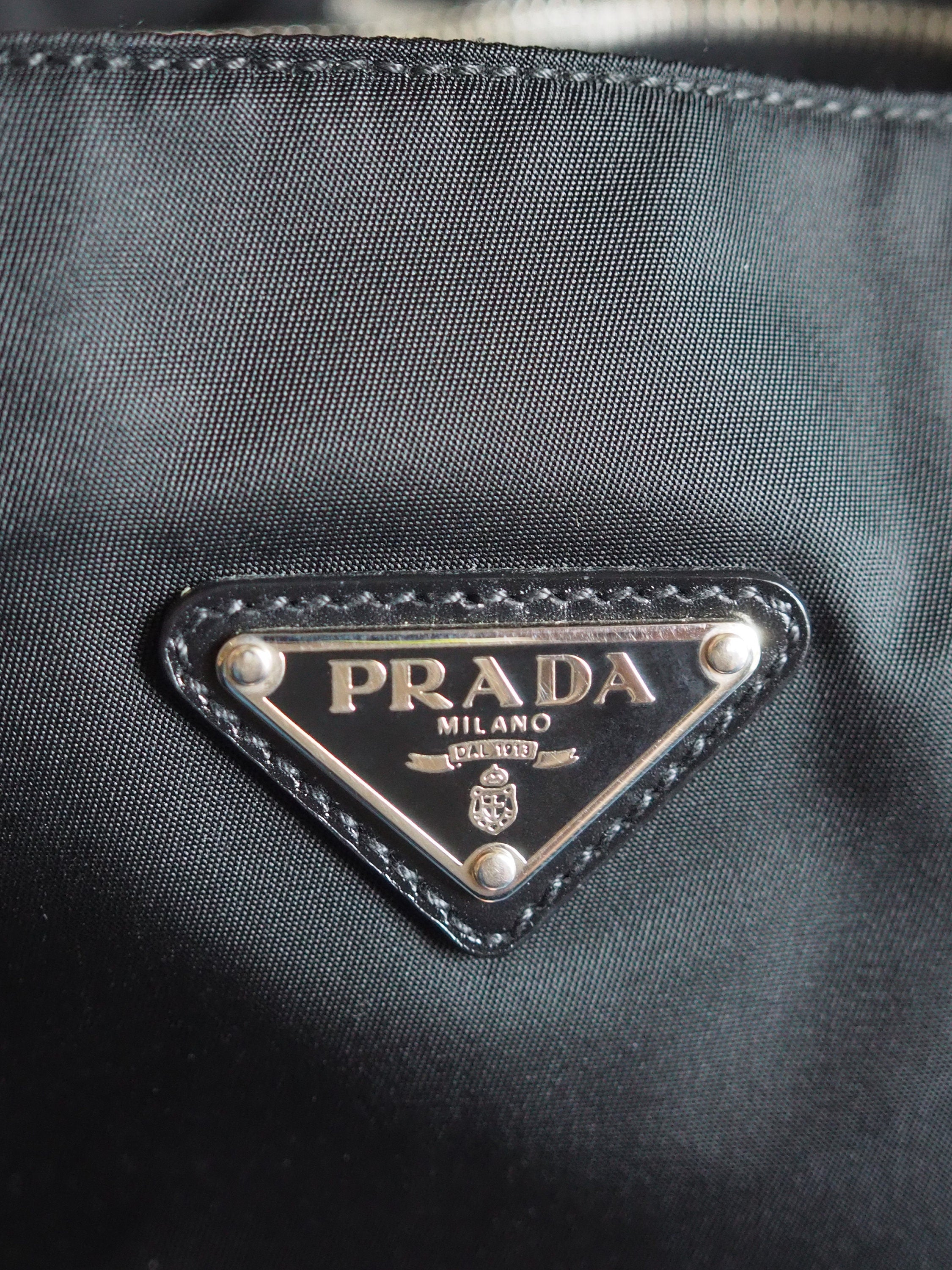 PRADA Nylon Leather Hand Shoulder Tote Bag Triangle Plate Black Logo Purse Vintage Authentic