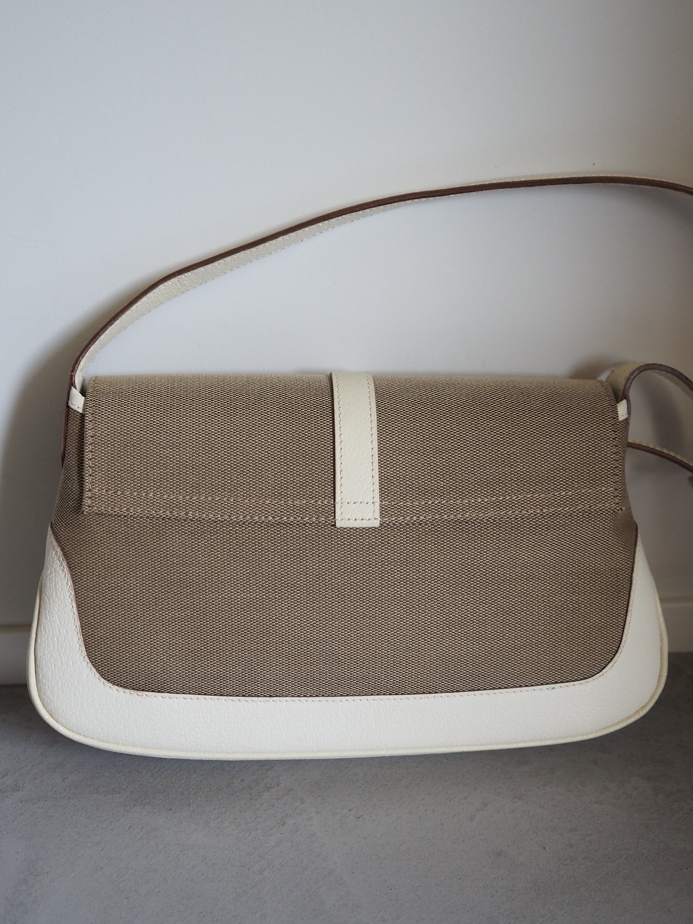 GUCCI Jackie Canvas Leather Shoulder Bag Beige Silver Vintage Authentic