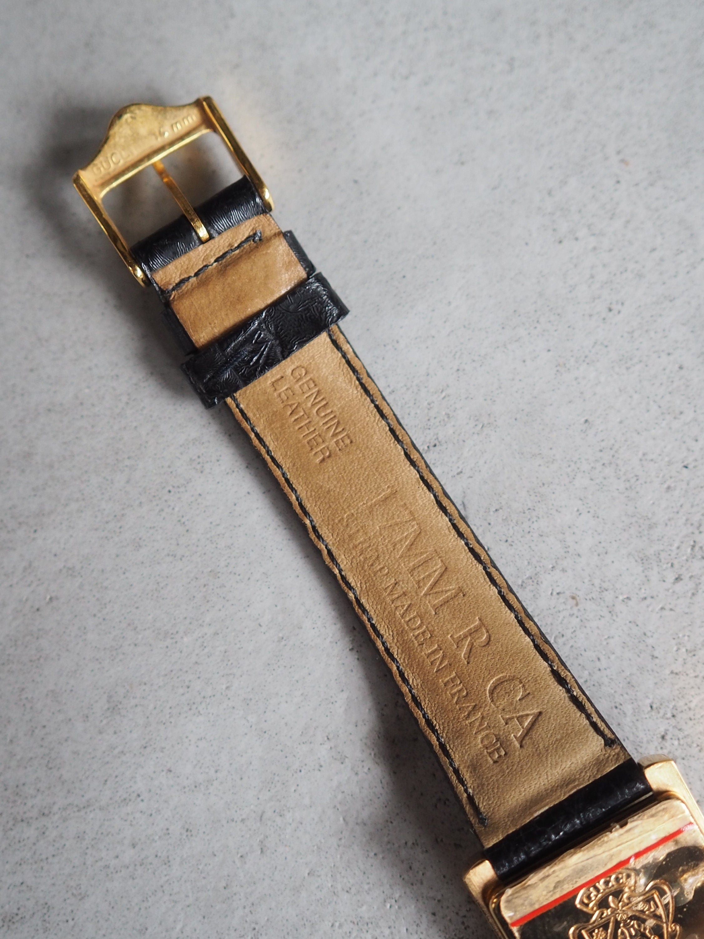 GUCCI Square Watch Wristwatch Gold Metal Black Leather Unisex Vintage Authentic