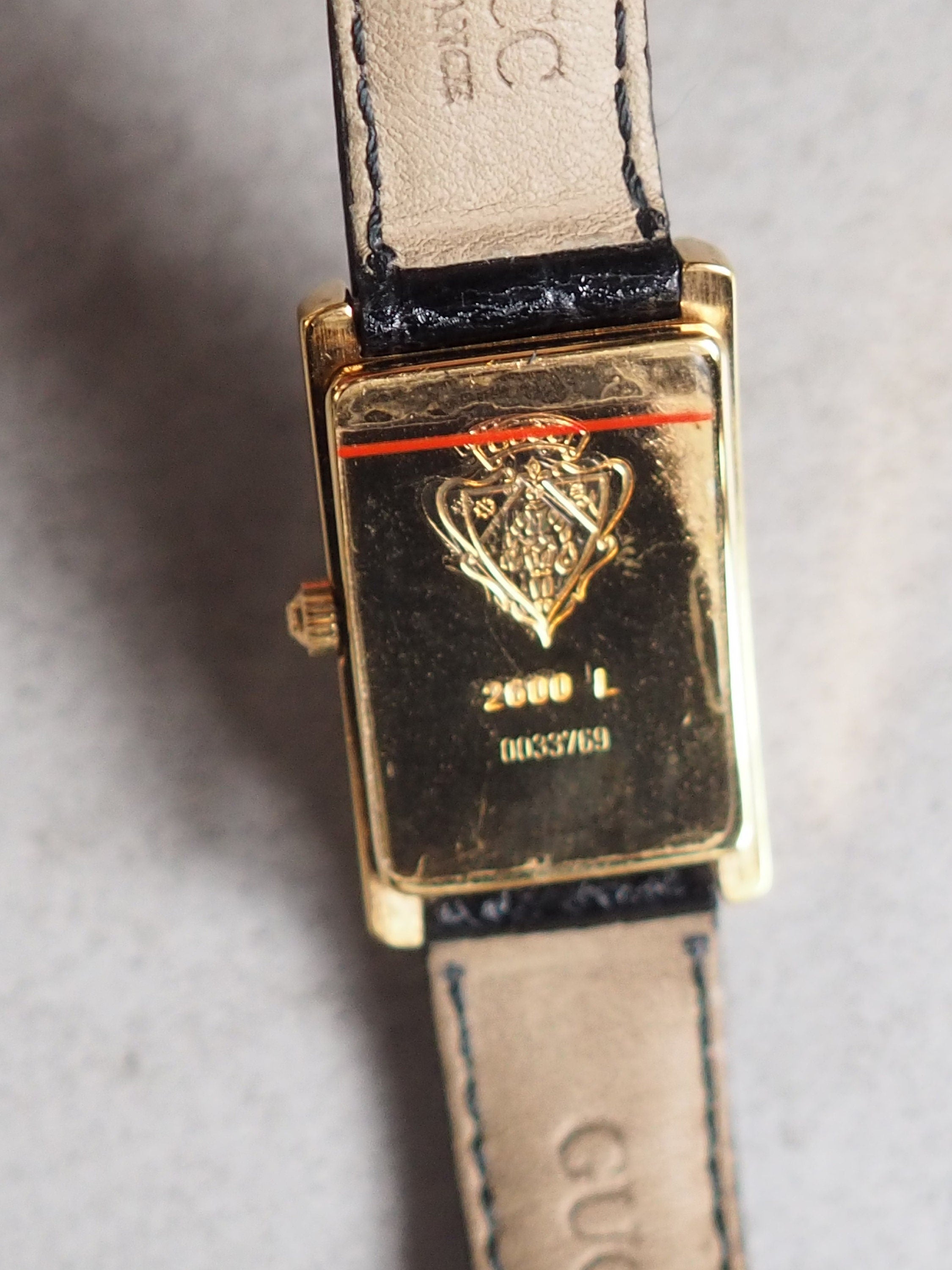 GUCCI Square Watch Wristwatch Gold Metal Black Leather Ladies Vintage Authentic