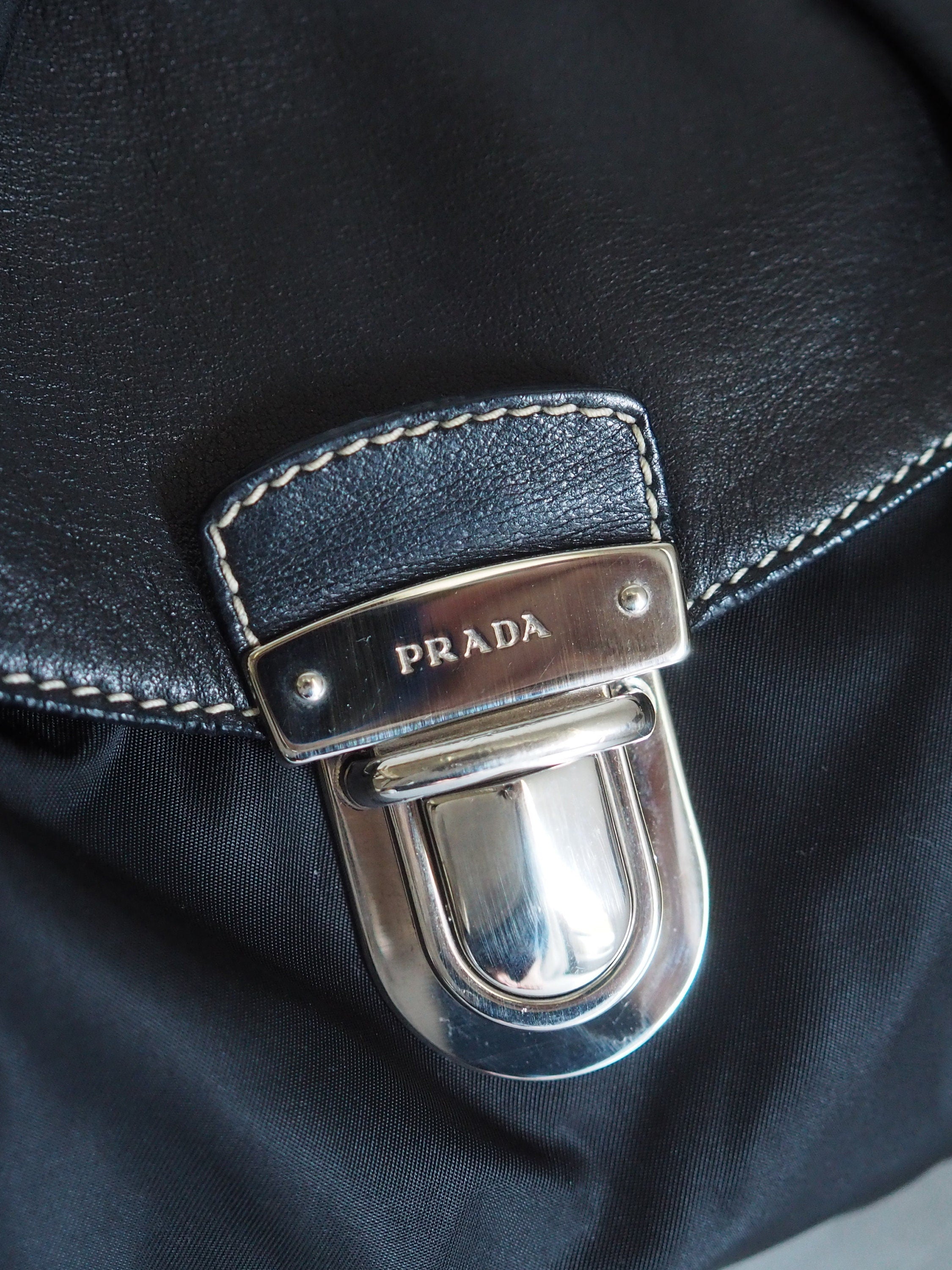 PRADA Nylon Leather Shoulder Bag Triangle Plate Black Logo Purse Vintage Authentic