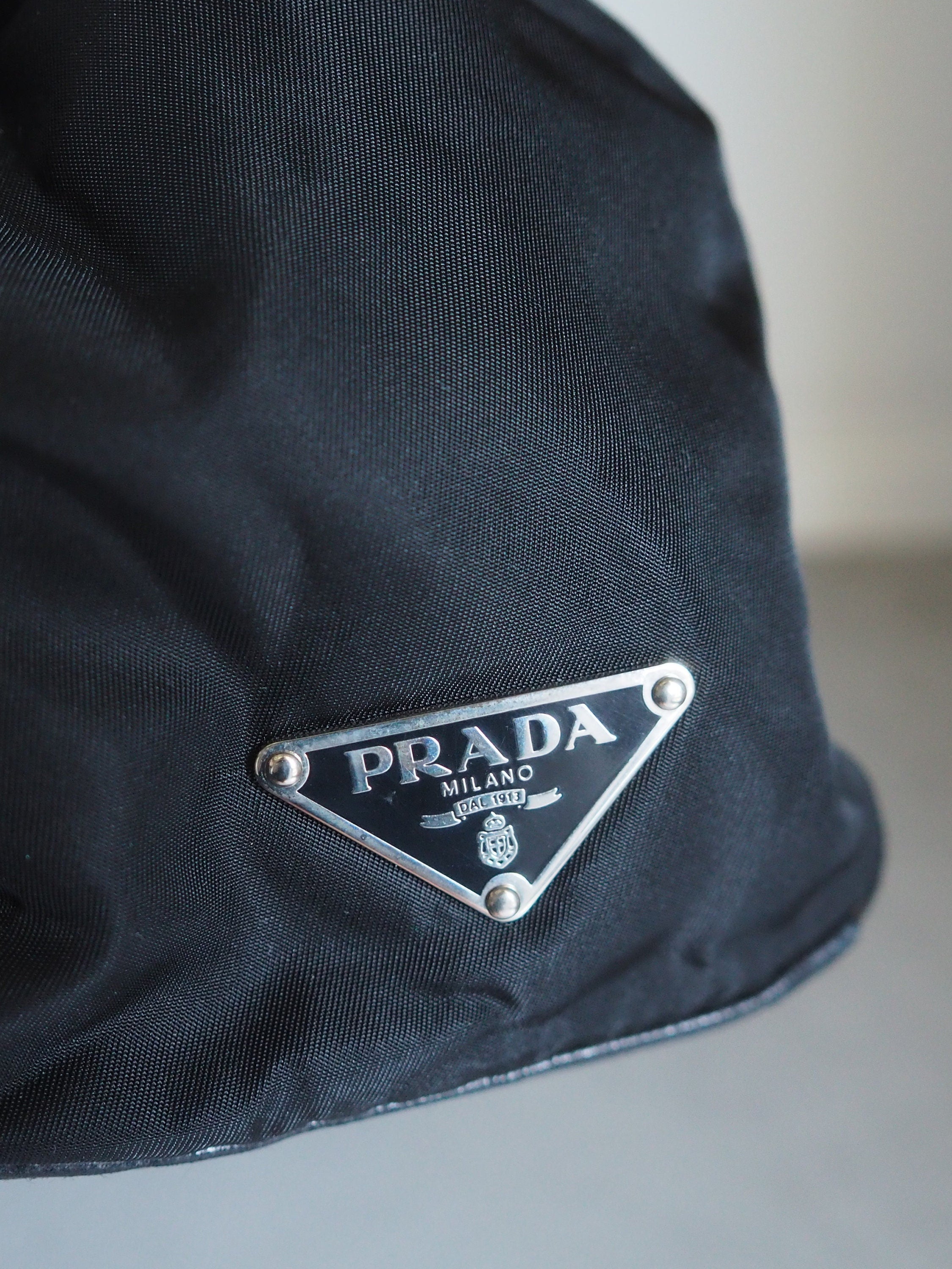 PRADA Nylon Leather Shoulder Bag Triangle Plate Black Logo Purse Vintage Authentic