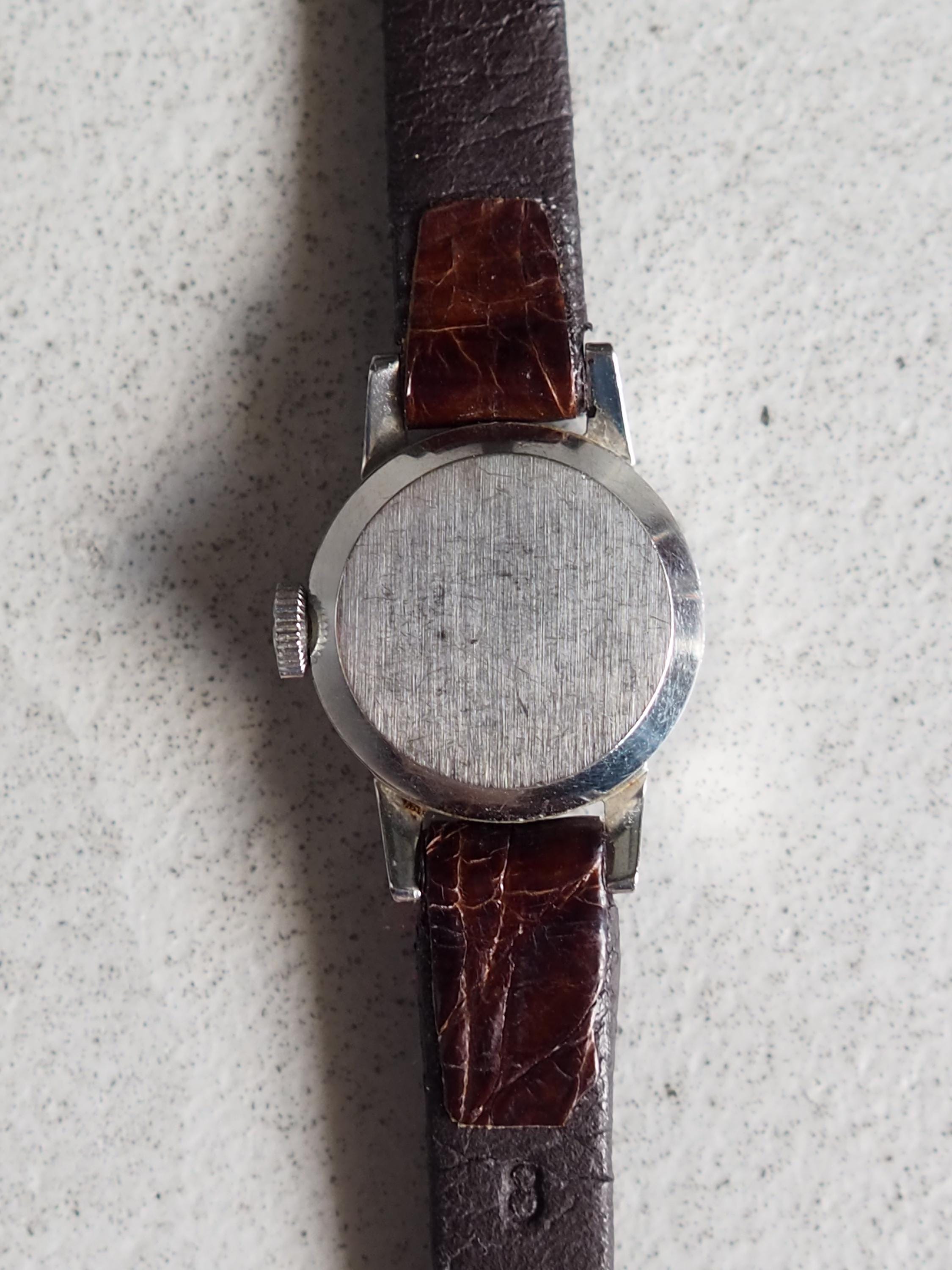 OMEGA DE VILLE Cut Glass Watch Silver Color Stainless steel Brown Leather Ladies Vintage Antique Authentic