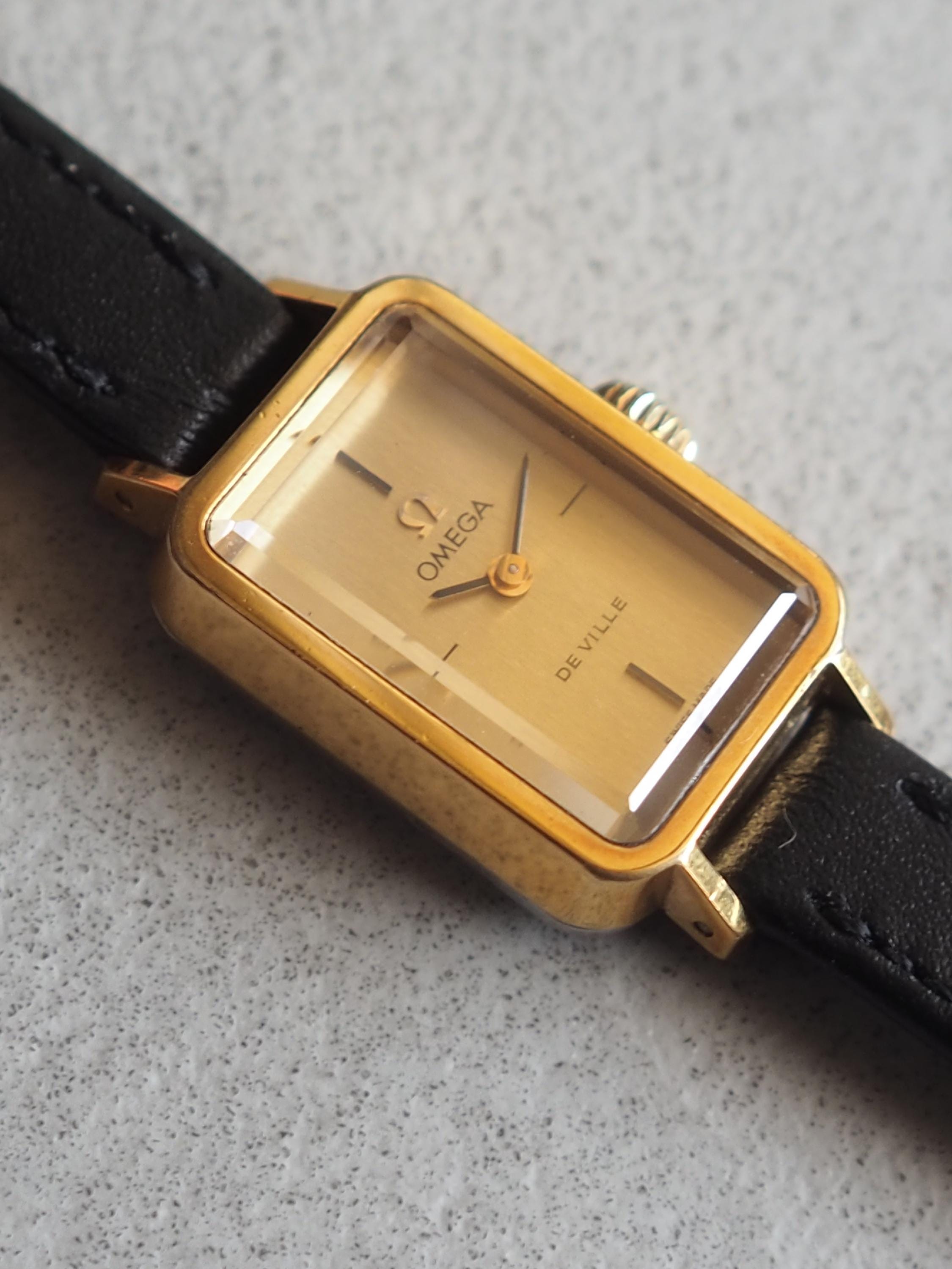 OMEGA DE VILLE Square Watch Gold Color Stainless steel Black Leather Ladies Vintage Antique Authentic