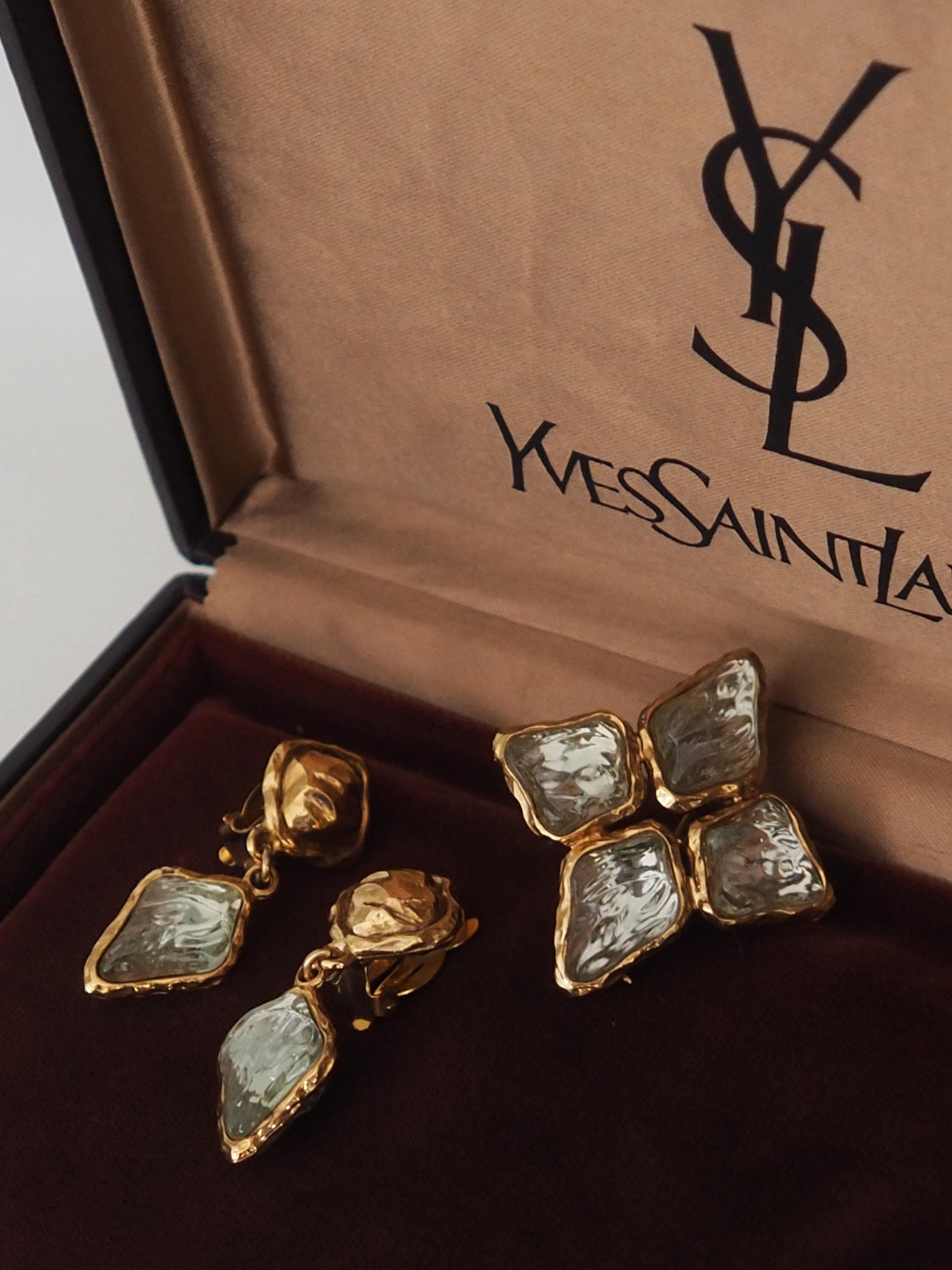 YSL Yves Saint Laurent Earrings Brooch Gold Tone Green Stone Vintage Authentic Very Rare