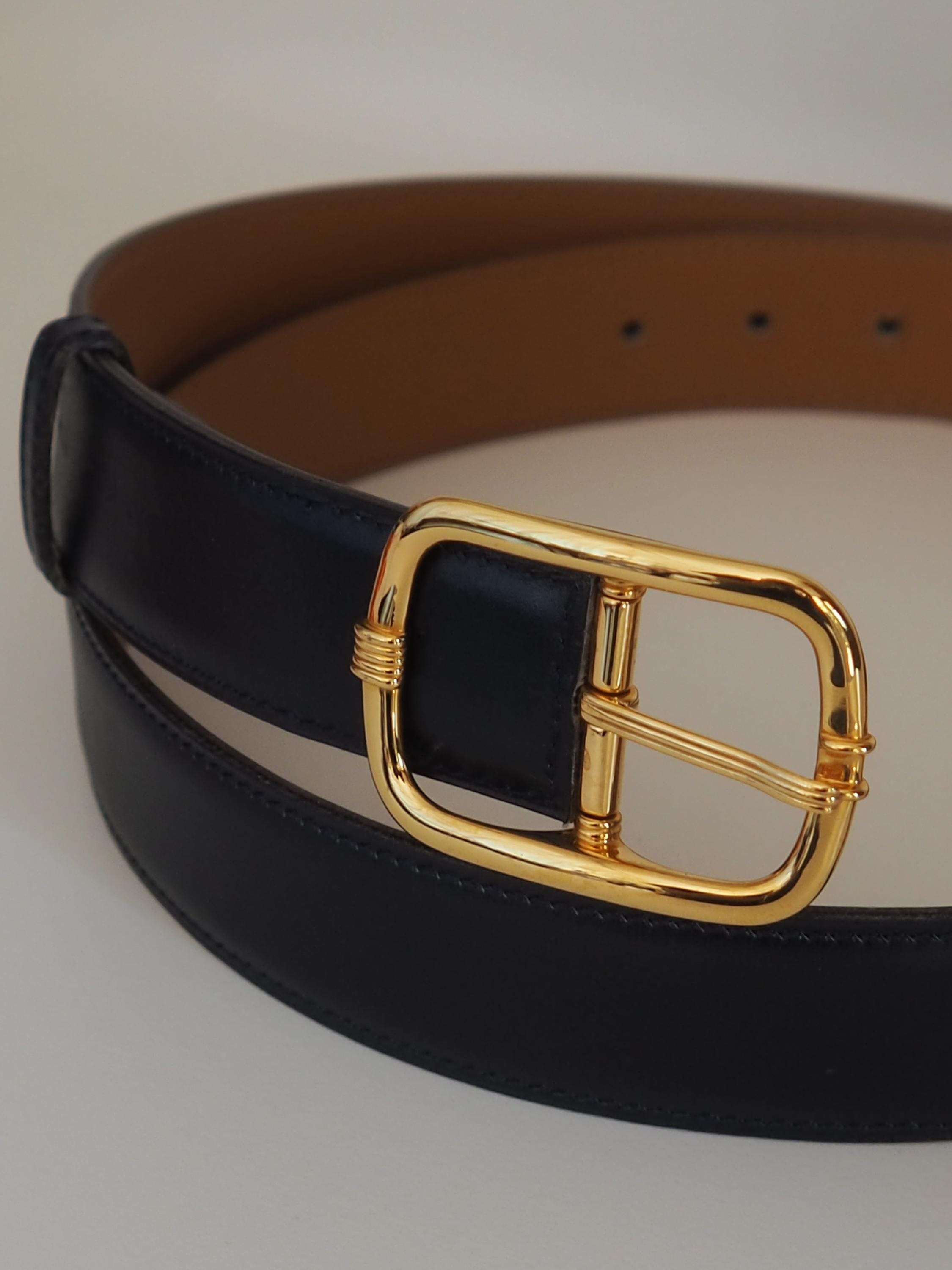 HERMES Belt Size 90 Black Brown Leather Gold Metal Mens Unisex Vintage Authentic Box