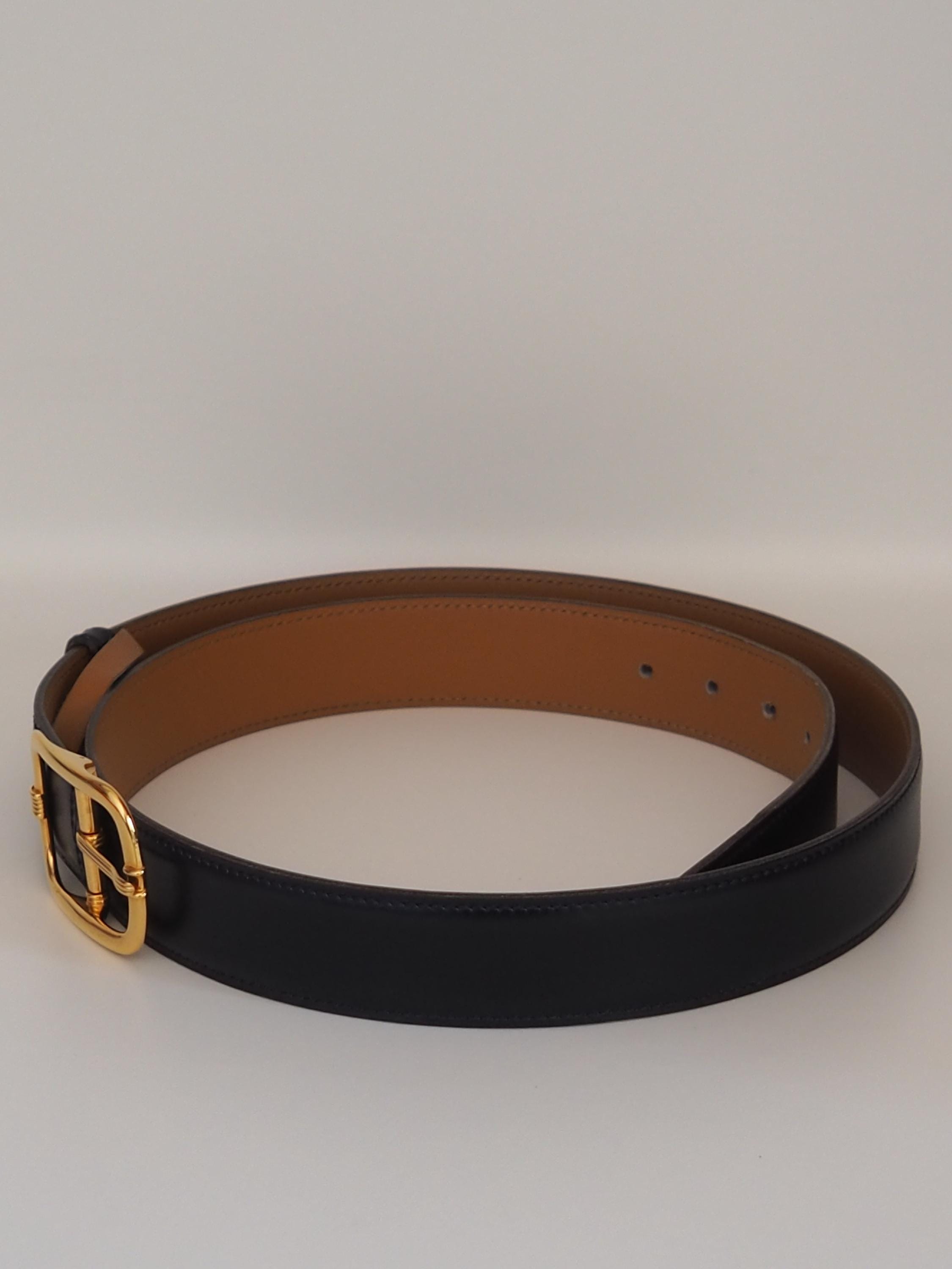 HERMES Belt Size 90 Black Brown Leather Gold Metal Mens Unisex Vintage Authentic Box