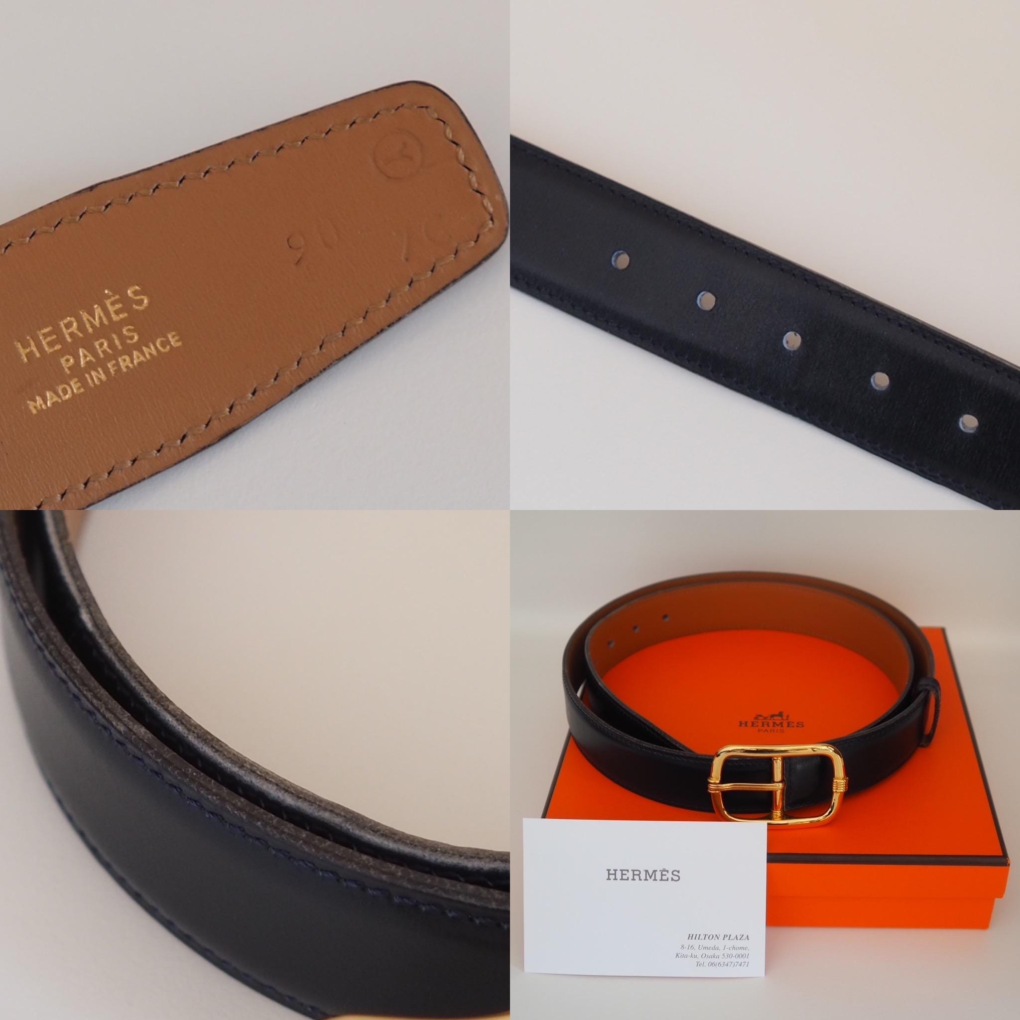 HERMES Belt Size 90 Black Brown Leather Gold Metal Mens Unisex Vintage Authentic Box